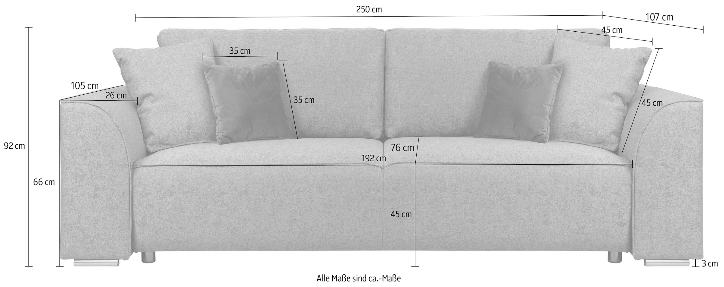 INOSIGN 3-Sitzer »BEATRICE, B: 250 cm - wahlweise mit Bettfunktion« u. Bettkasten, incl. 2 Zierkissen