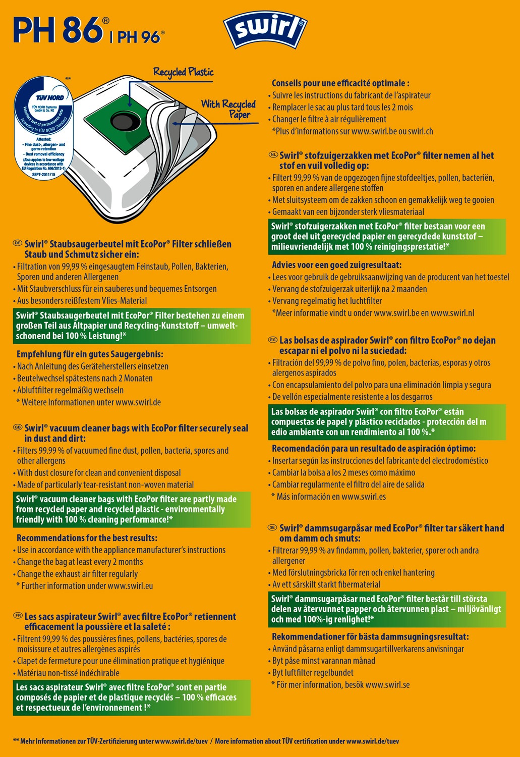 Swirl Staubsaugerbeutel »Swirl® PH 86/96 EcoPor® XL Vorteilspack Staubsaugerbeutel für Philips«, (Packung, 11 St.)