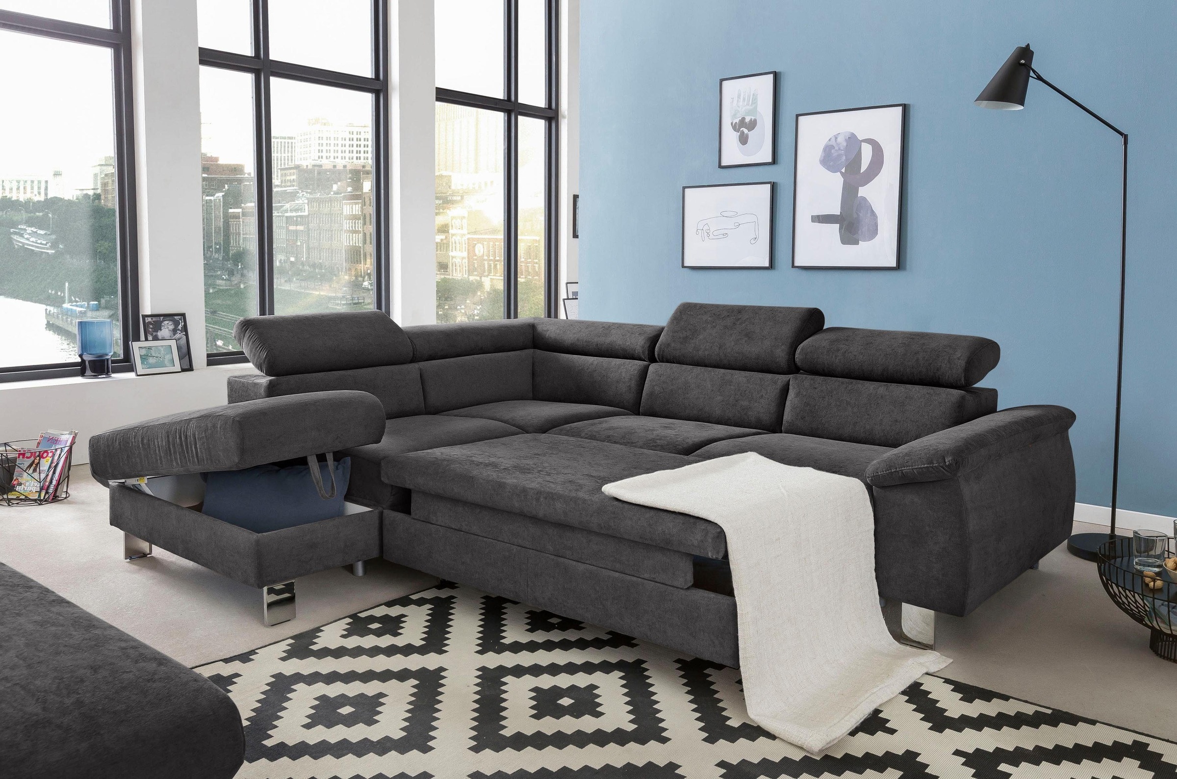 COTTA Ecksofa »Komaris L-Form mit Kopfteilverstellung«, wahlweise mit Bettfunktion, Bettkasten & Beleuchtung