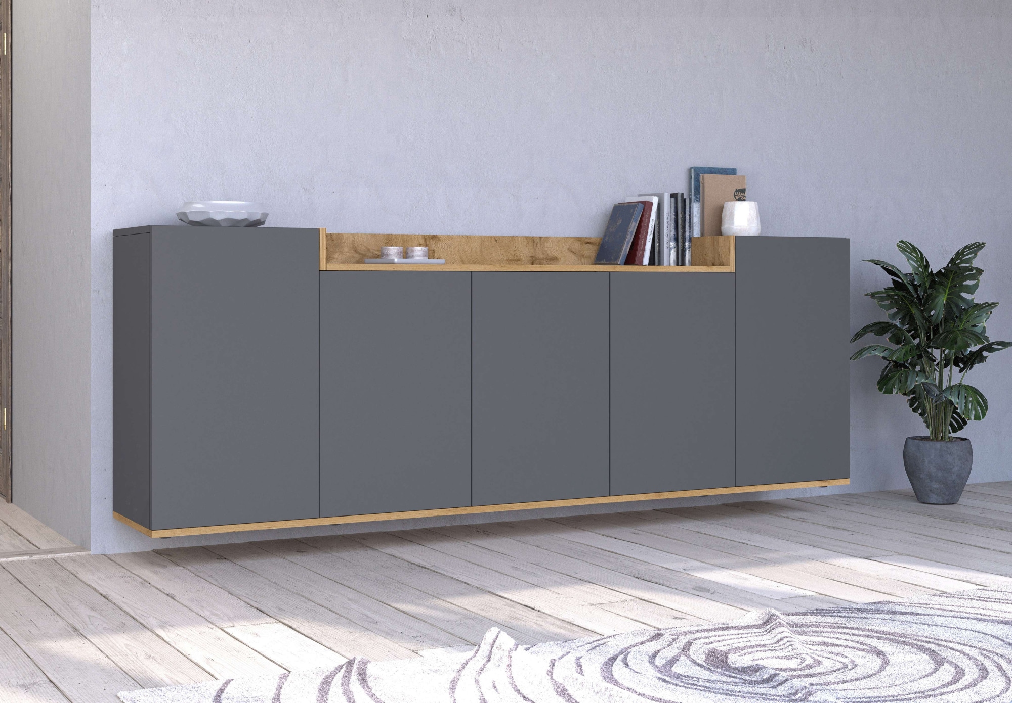 OTTO home Sideboard »BOLSENA, Kommode, Schrank,Lowboard mit 8 Fächer und offenes Ablagefach« 1 Stk. tlg. stehend/hängend montierbar, Made in Italy, B/T/H: 200 × 35 × 71,2 cm