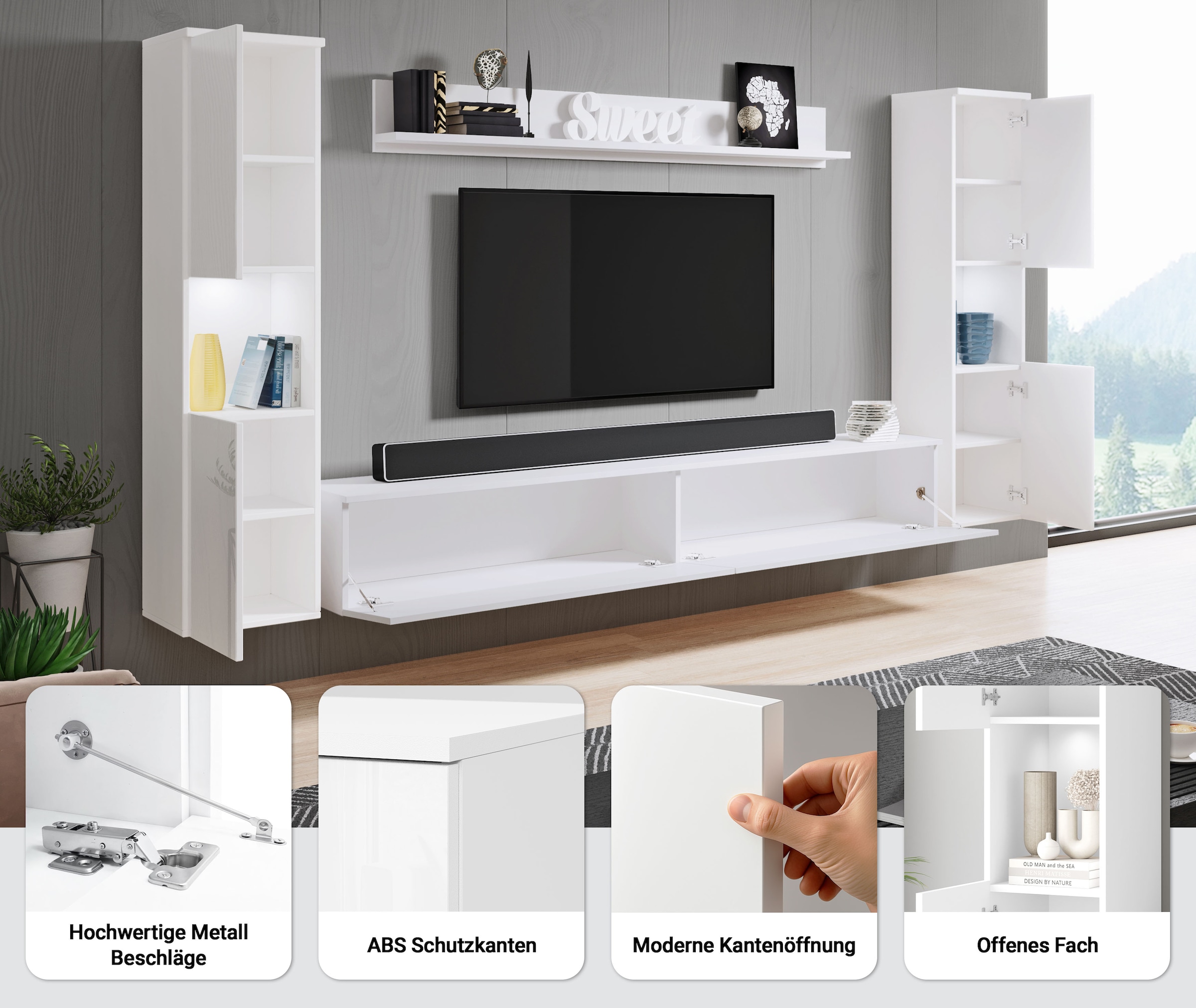 INOSIGN Wohnwand »PARIS, Vitrine Türanschlag links/rechts wechselbar« Komplett-Set, 4 Stk. tlg.