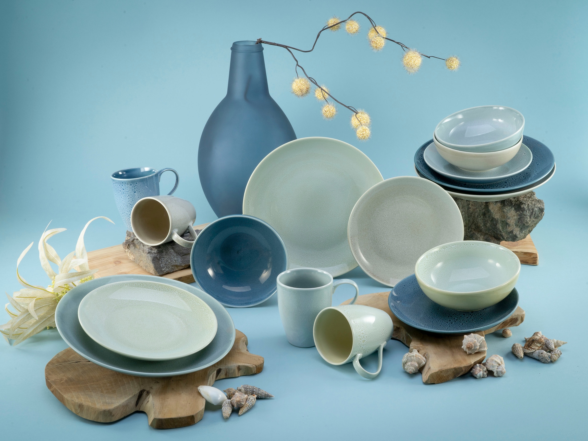 CreaTable Kombiservice »Geschirr-Set Reactive«, (Set, 16 tlg., Kaffeeservice und Tafelservice im Set, für 4 Personen), Service, Jedes Stück ist ein Unikat, 16 Teile, für 4 Personen