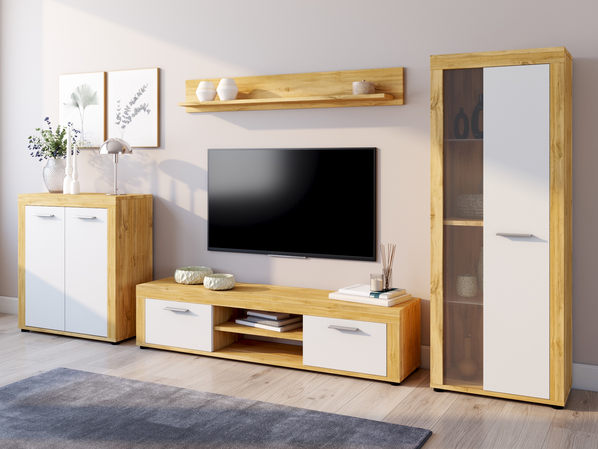 Home affaire Wohnwand »AOSTA, Breite 330cm, 4-teilige Wohn-Kombination« bestehend aus: Highboard, Lowboard, Wandboard, Vitrine, 4 Stk. tlg.