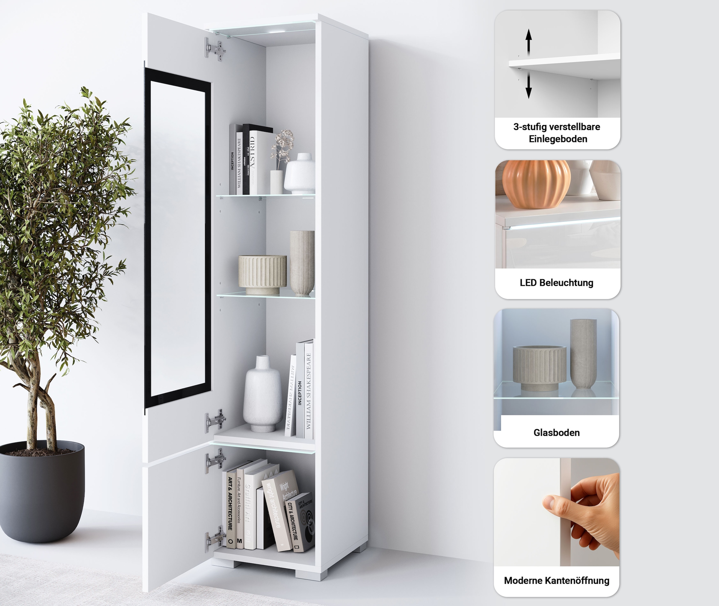 Home affaire Vitrine »Vera, Glasvitrine, Höhe 130 cm, in verschiedenen Farbausführungen« 1 Stk. tlg. LED-Beleuchtung, Türanschlag frei wählbar, stehend/hängend