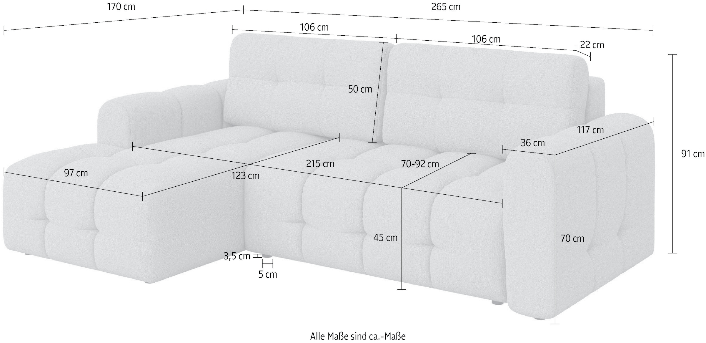INOSIGN Ecksofa »Manilla, wahlweise mit Bettfunktion, B/T/H 265/170/91 cm«, L-Form mit Recamiere rechts/links bestellbar, Wellenunterfederung
