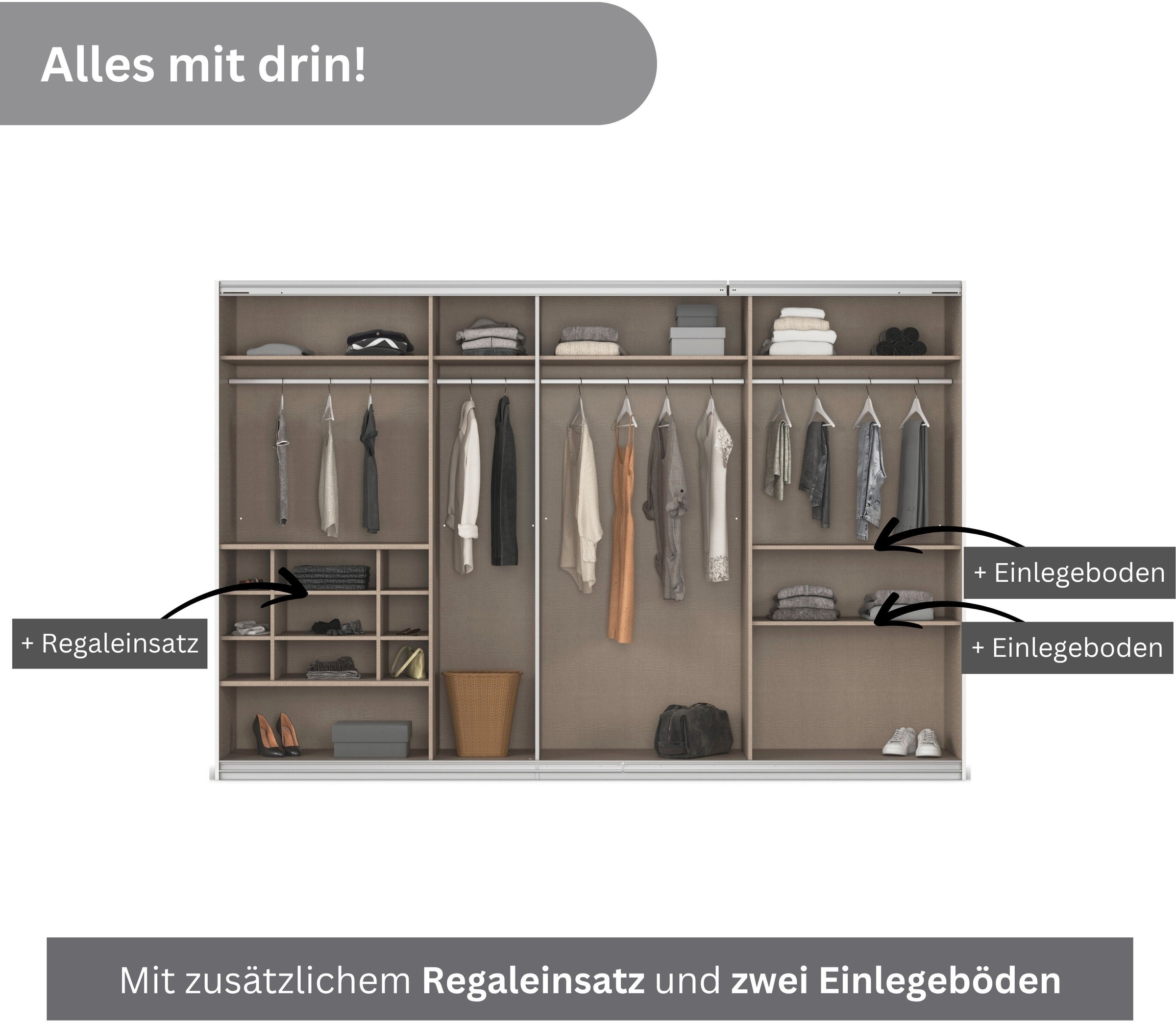 rauch Schwebetürenschrank »Kleiderschrank Schrank Garderobe Wäscheschrank TOMA mit Passepartout«, inkl. Regaleinsatz sowie zusätzlichen Einlegeböden MADE IN GERMANY