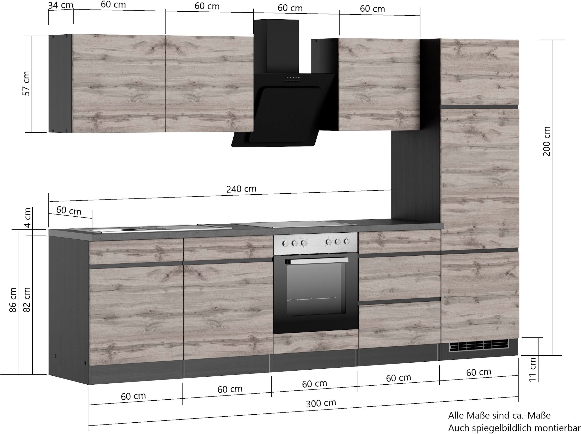 KOCHSTATION Küchenzeile »KS-Riesa« Stellbreite 300 cm, wahlweise mit oder ohne E-Geräte