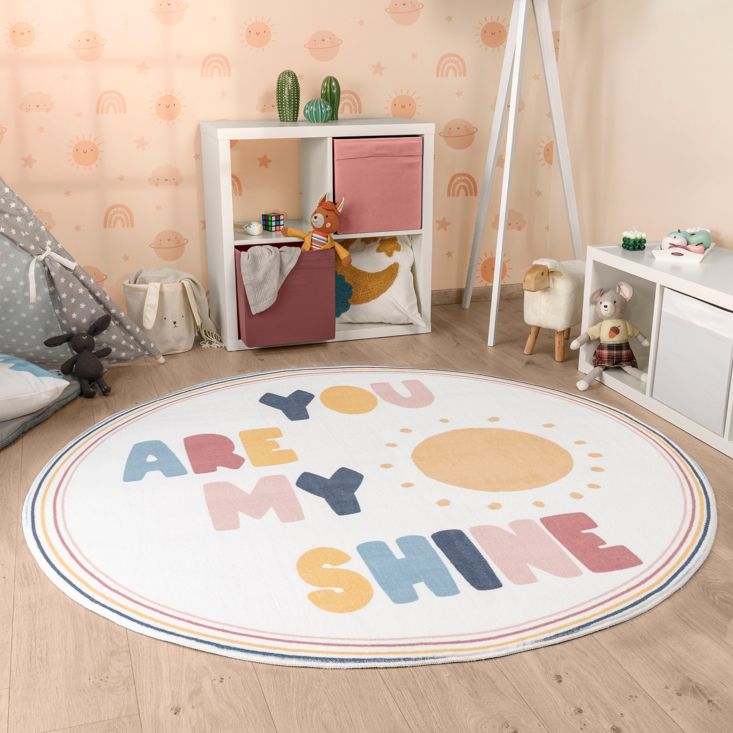 Paco Home Kinderteppich »Niloya 363«, rund, 12 mm Höhe, Spielteppich, Kurzflor, Motiv Sonne und Spruch, waschbar