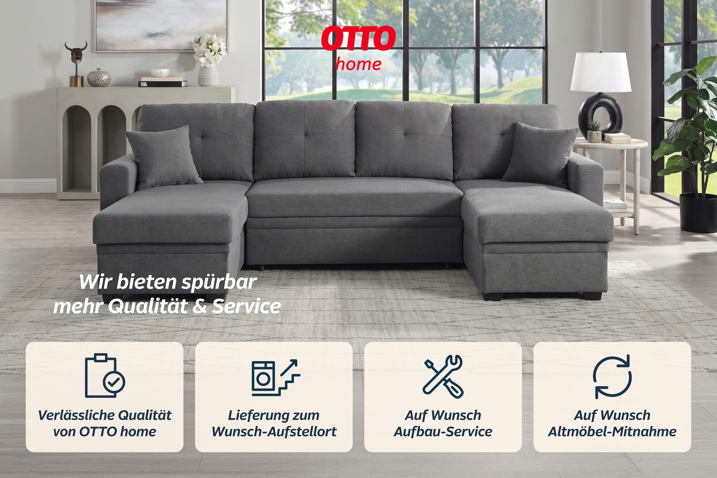OTTO home Wohnlandschaft »Gerrit U-Form, Br. 282 cm Couch, Liegefl. 125x215 cm« mit Schlaffunktion, 2 Bettkästen & 2 Zierkissen