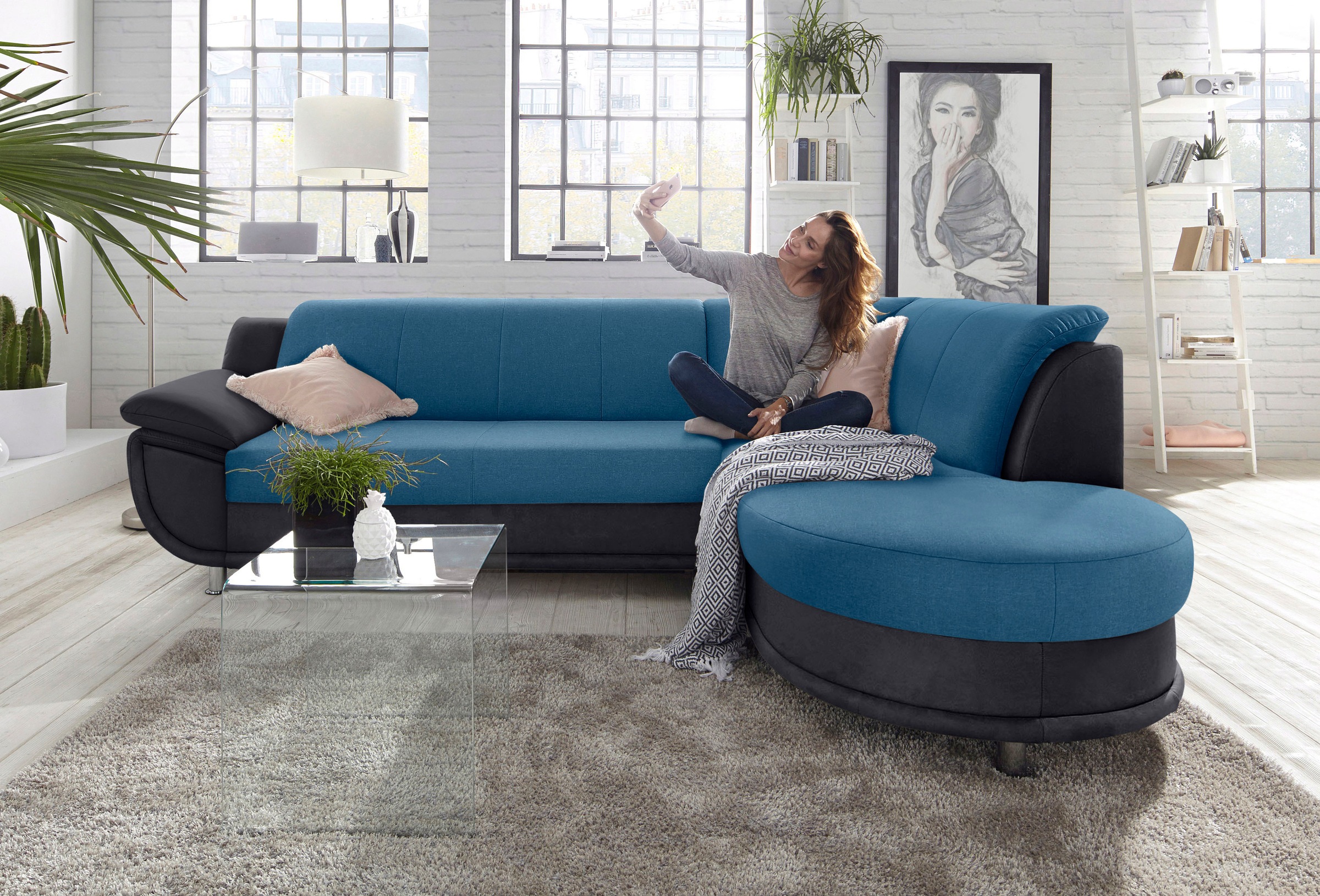 TRENDMANUFAKTUR Ecksofa »Rondo 3, zeitlos und bequem, Materialmix, breite Armlehnen, L-Form«, wahlweise mit Federkern für mehr Komfort, wahlweise mit Bettfunktion