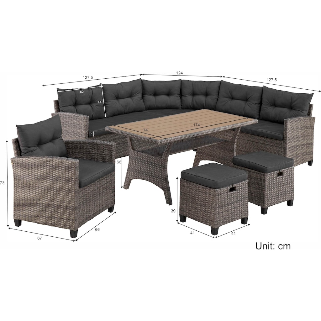 KONIFERA Gartenlounge-Set »Keros Premium«, (Set, 20 tlg., 2x 2er Sofa, 1x Ecke, 1x Sessel, 2x Hocker, 1x Tisch 145x75x67,5cm)