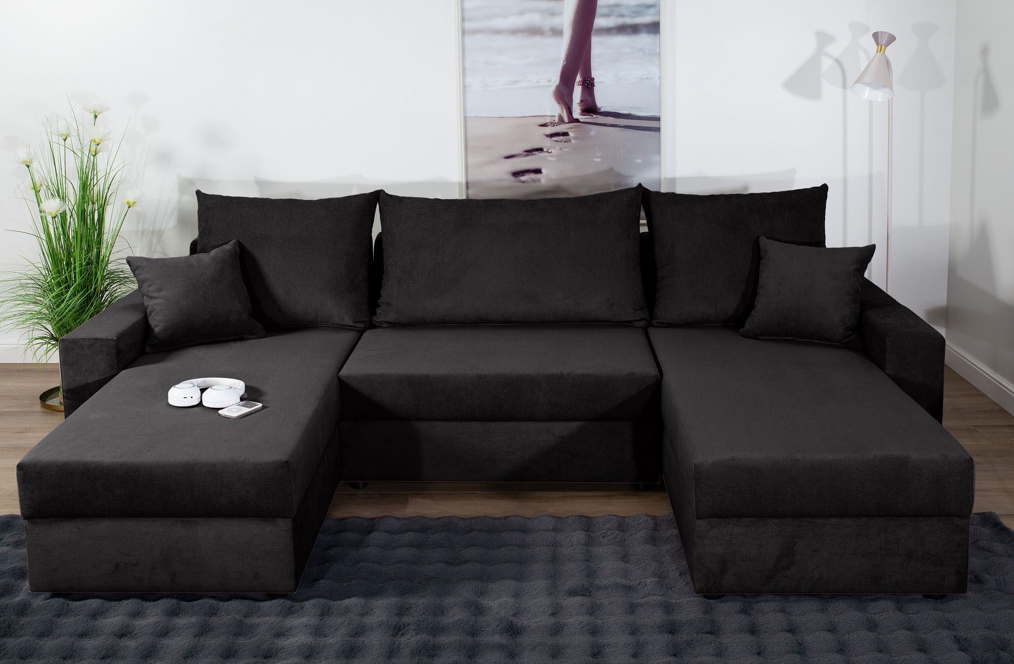 COLLECTION AB Wohnlandschaft »Pico U-Form, Breite 252, mit Schlaffunktion, Bettkasten & Zierkissen«, Wohnlandschaft,2 X Ottomane,Polyätherschaum Polsterung