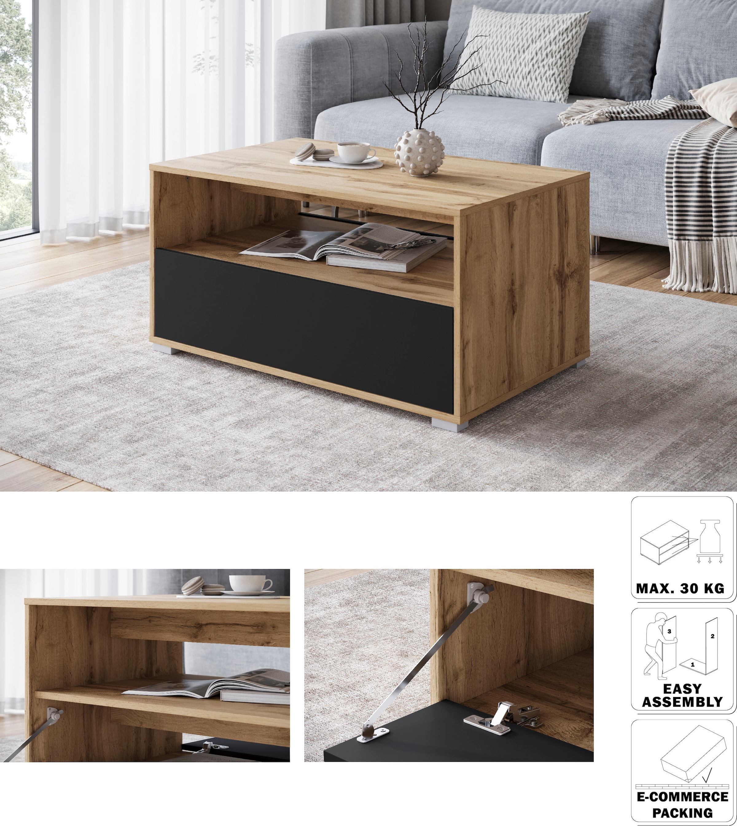 INOSIGN Couchtisch »Kenia« 1 Stk. tlg. Rechteckiger Kaffeetisch, 90x55 cm, mit offenem und geschlossenem Fach
