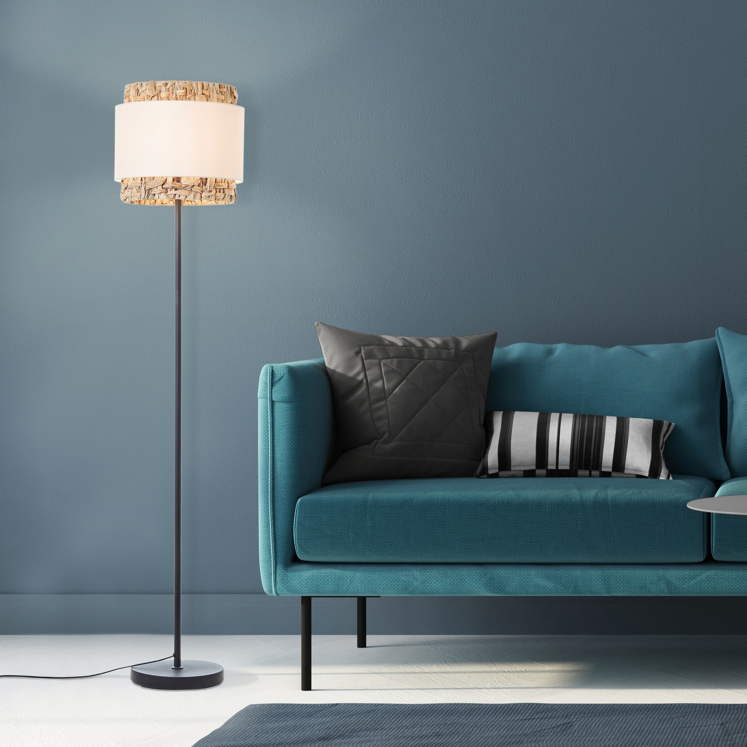 Brilliant Stehlampe »Waterlilly«, 1 flammig-flammig, Ø 35 cm, E27, Metall/Textil/Wasserhyazinthe, schwarz/natur/weiß