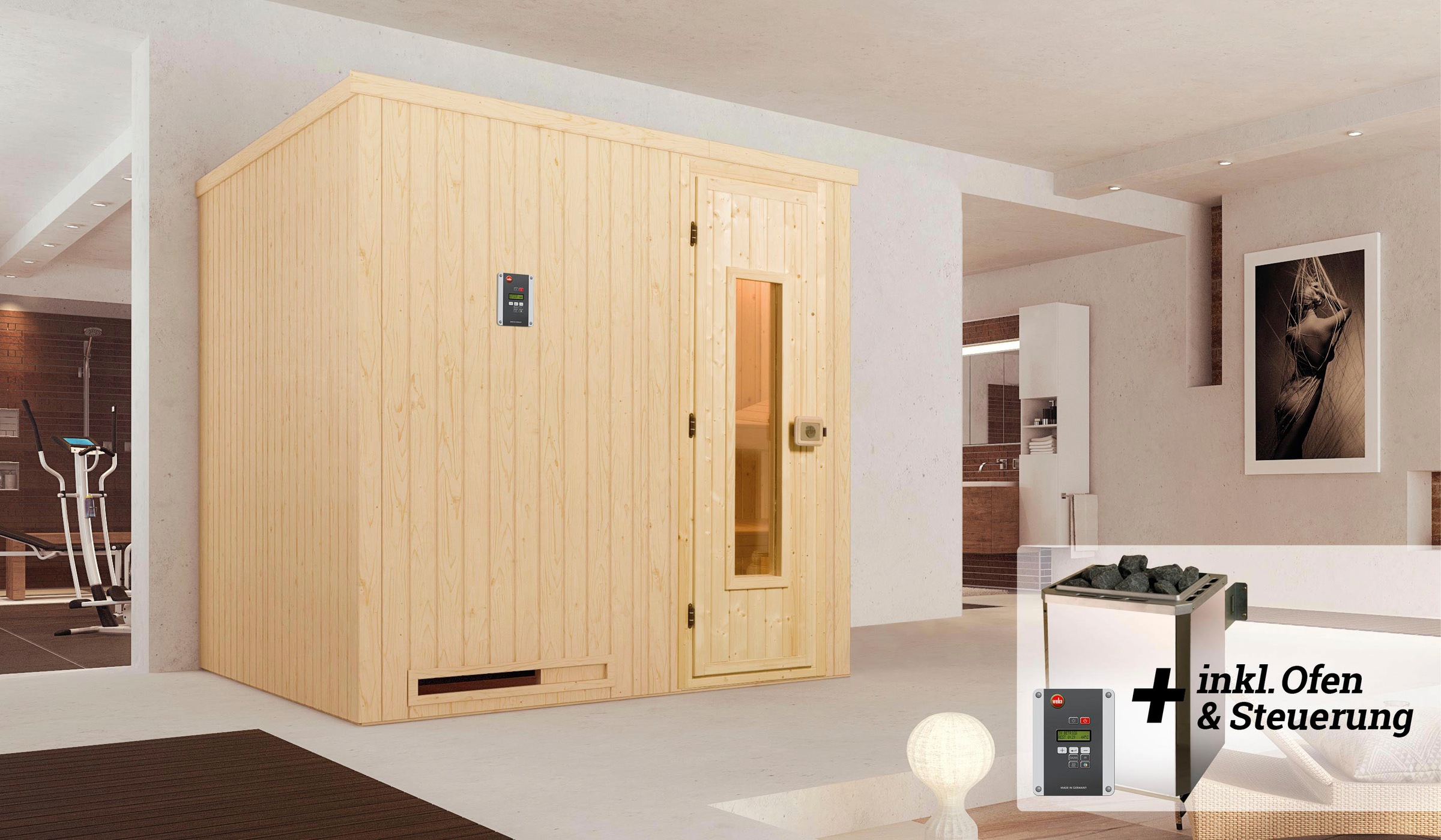 weka Sauna »Halmstad«, (Set), 7,5 kW Bio-Ofen mit digitaler Steuerung