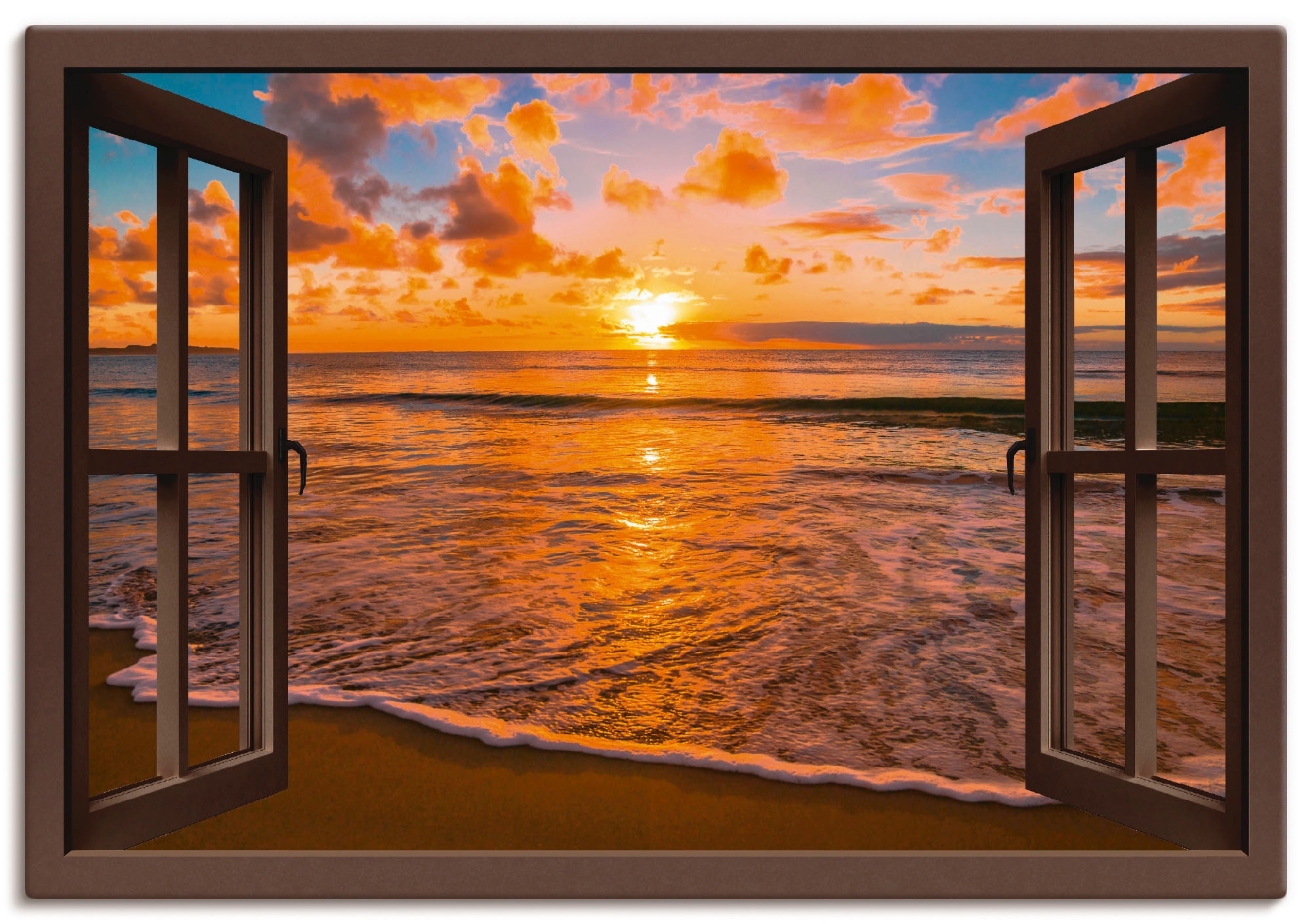Artland Wandbild "Fensterblick Sonnenuntergang am Strand" Sonnenaufgang & -untergang 1 Stk. tlg. als Leinwandbild, Poster in verschied. Größen