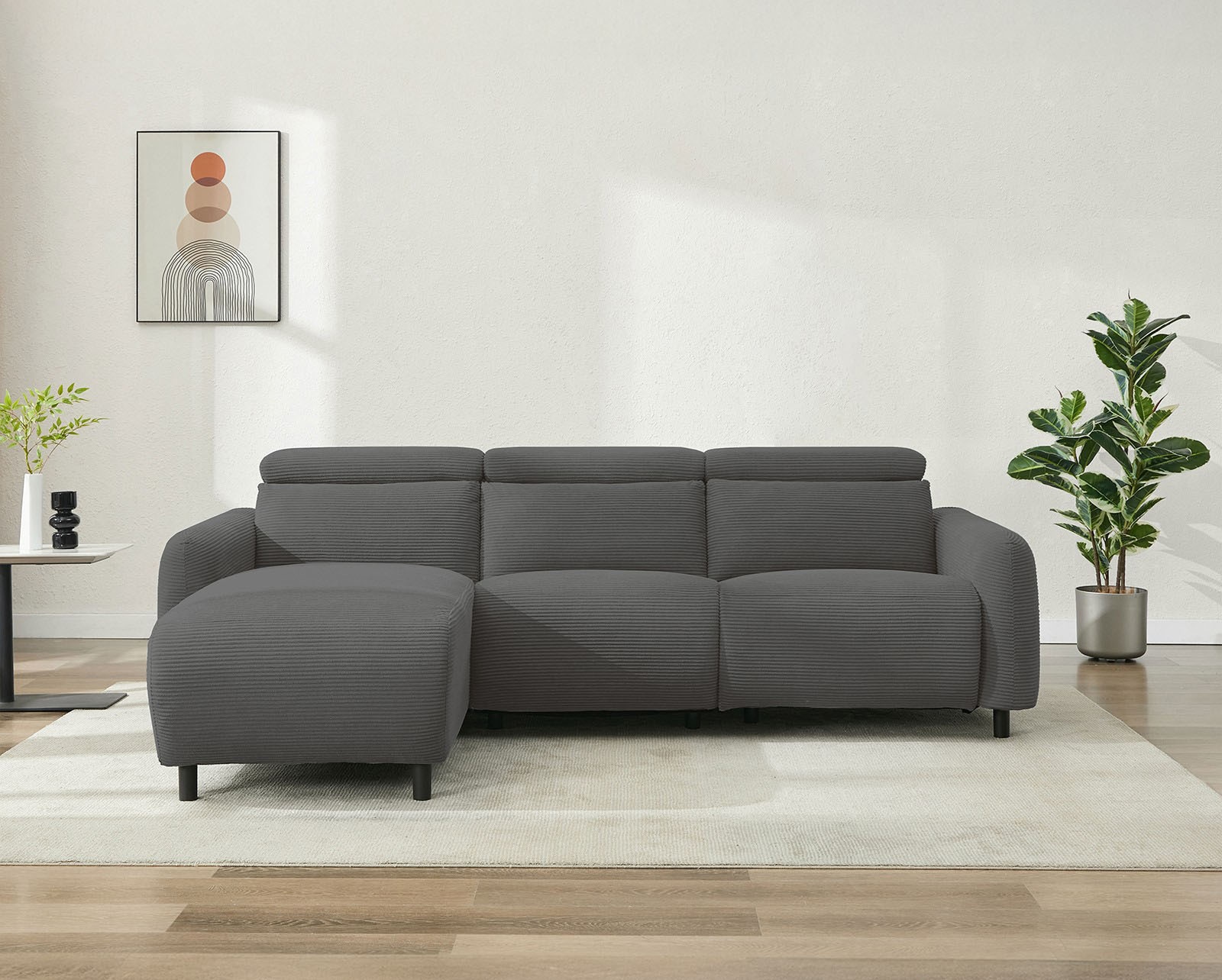 OTTO home Ecksofa "SKAANE in Cord, L-Form, 274 cm, manuelle u. elektrische Relaxfunktion," rundes Design, Kopfteilverstellung, Federkernpolsterung