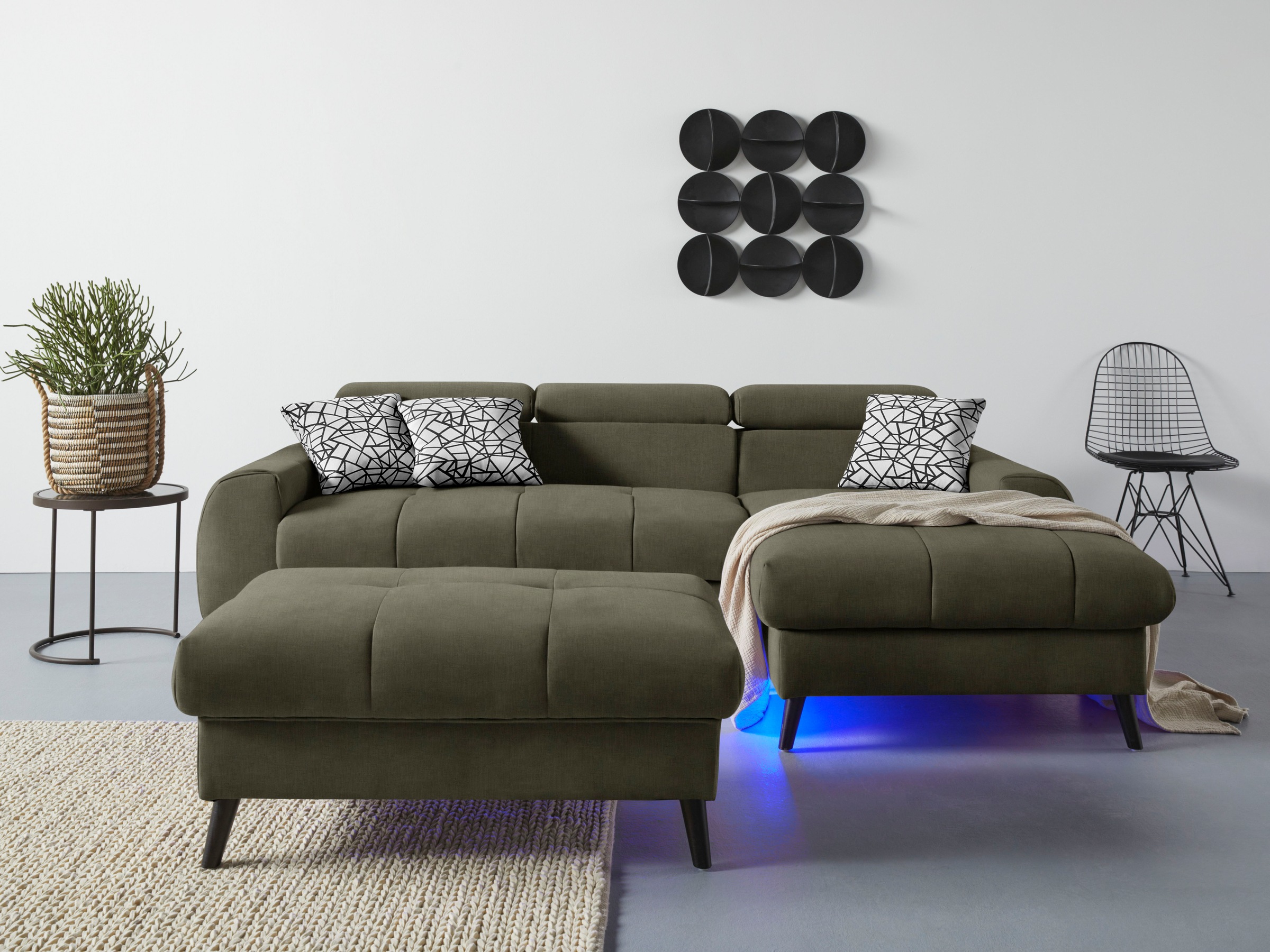 COTTA Ecksofa »Mia L-Form mit 3 Zierkissen«, wahlweise mit Bettfunktion, Bettkasten, Beleuchtung & Wireless-Charger