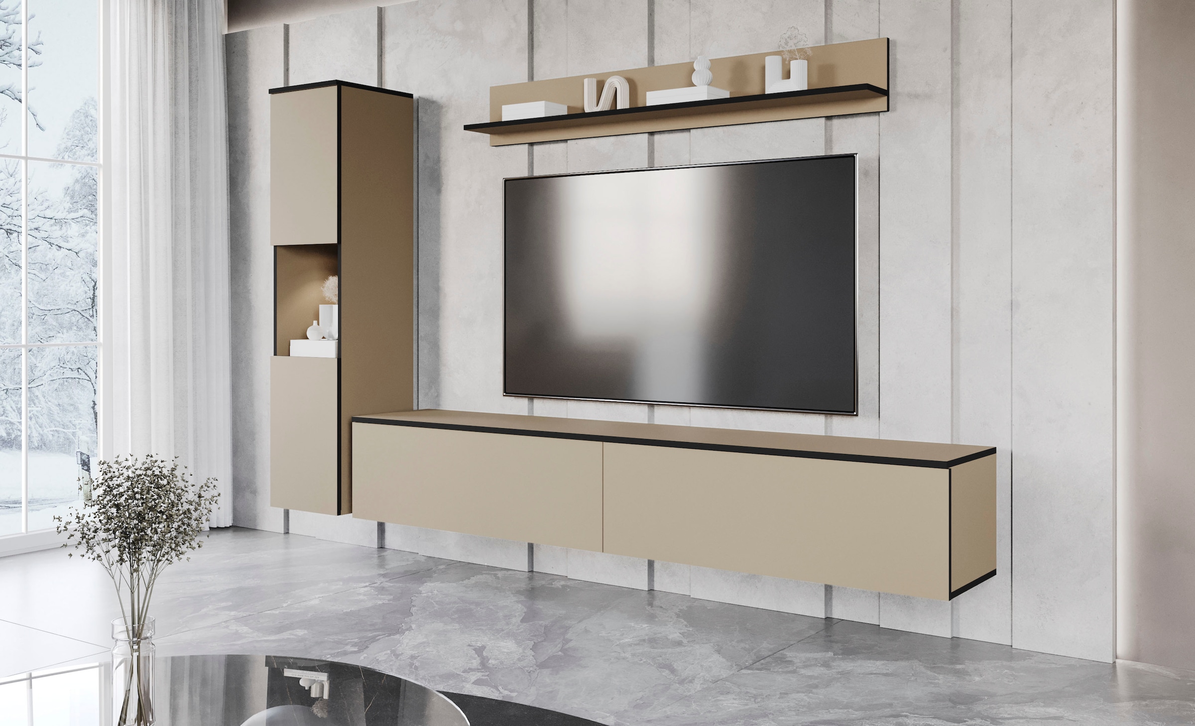 INOSIGN Wohnwand »PARIS, Vitrine Türanschlag links/rechts wechselbar«, (Komplett-Set, 3 St.), grifflose Design, stehend und hängend montierbar