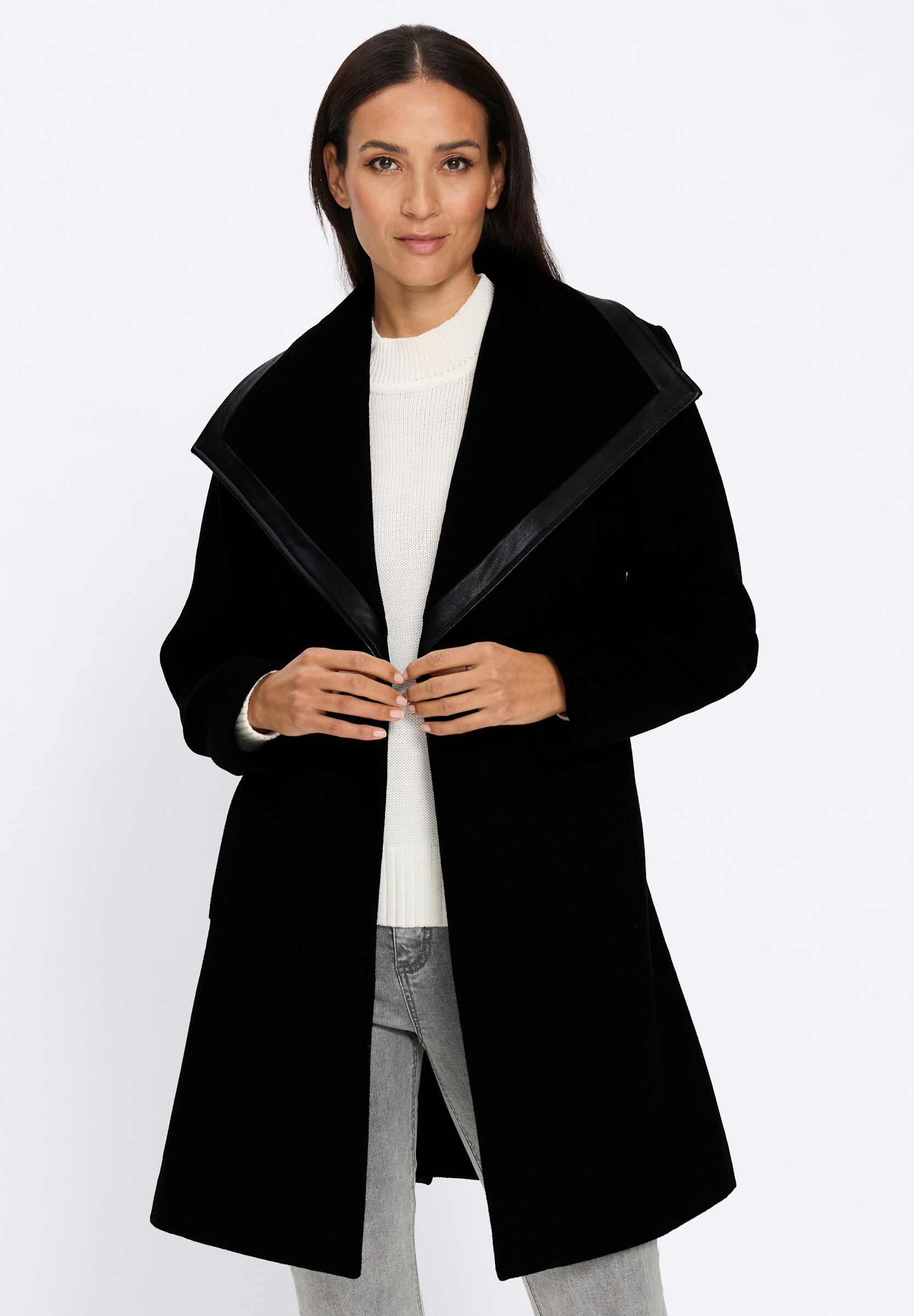 heine Kurzjacke »Kurzmantel Kurzmantel mit Lederimitat-Akzente« ohne Kapuze