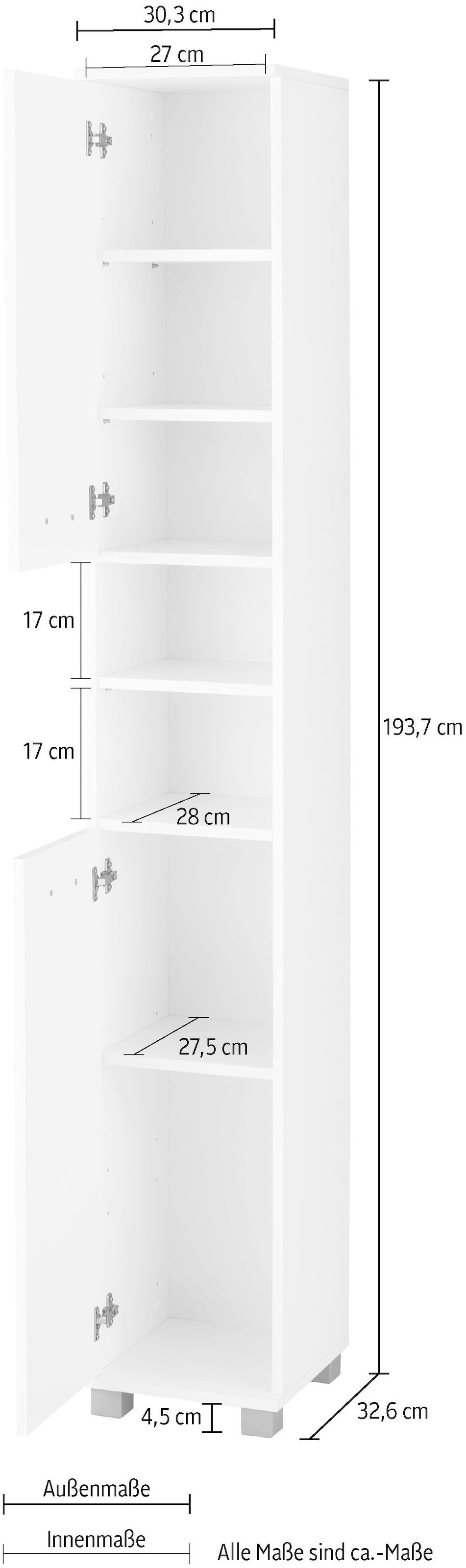 Schildmeyer Hochschrank »Mobes, Made in Germany«, Breite/Höhe: 30,3/193,7 cm, Türen beidseitig montierbar, Regalfächer