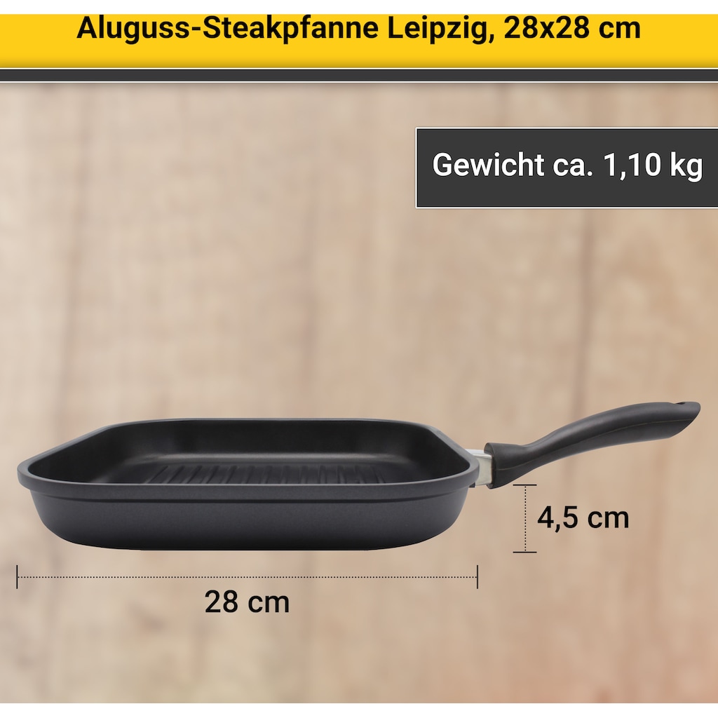 Krüger Steakpfanne »Aluguss Grill-/ Steakpfanne LEIPZIG, 28 x 28 cm«, Aluminiumguss, (1 tlg.), hochwertige Antihaft-Versiegelung