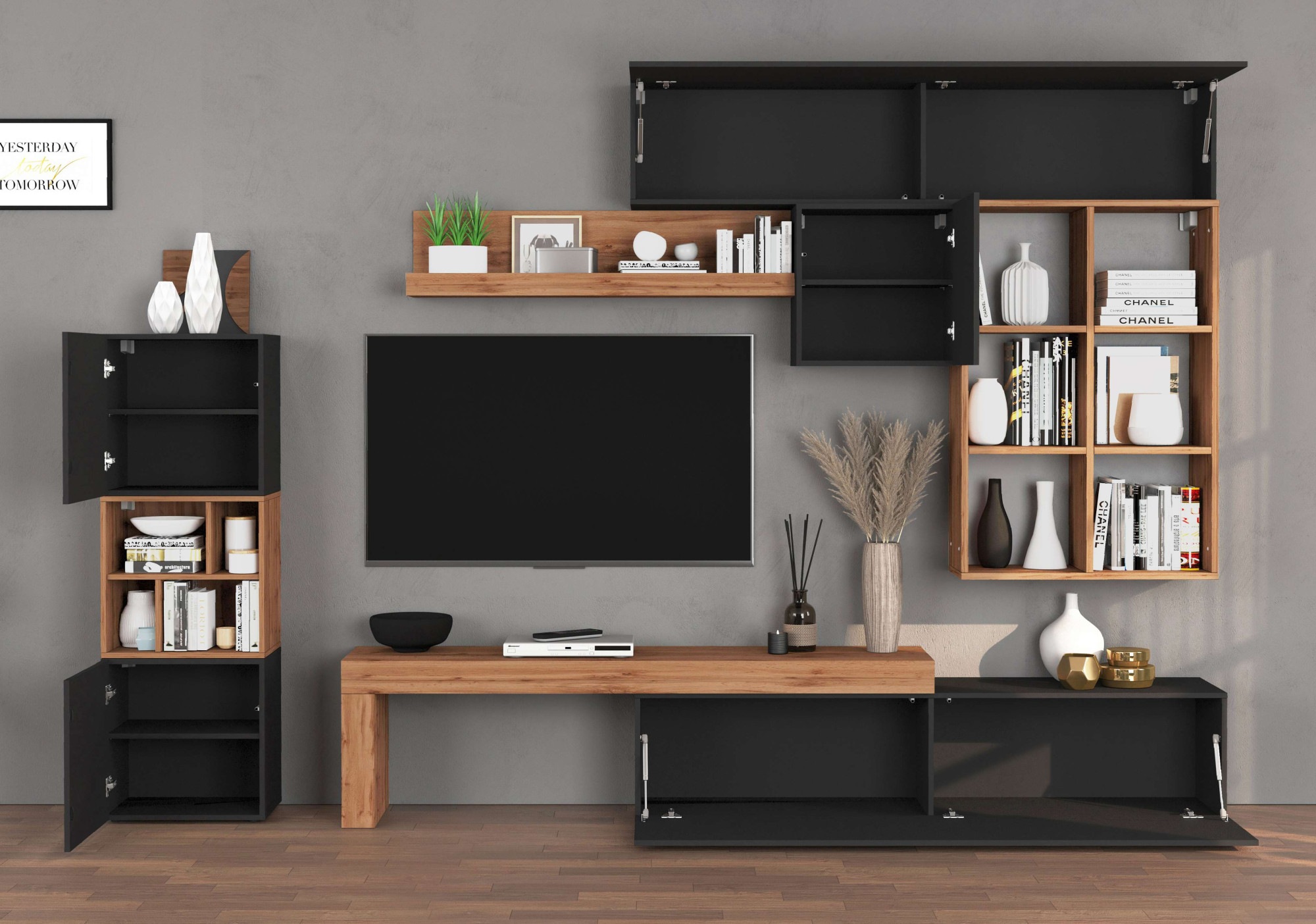 INOSIGN Wohnwand »Chronos Wohnwand, Medienwand, 8-er set«, (Set, 8 St.), ca. 320 cm mit Hängeschränke, Würfel, Regal, Lowboard, Made in Italy