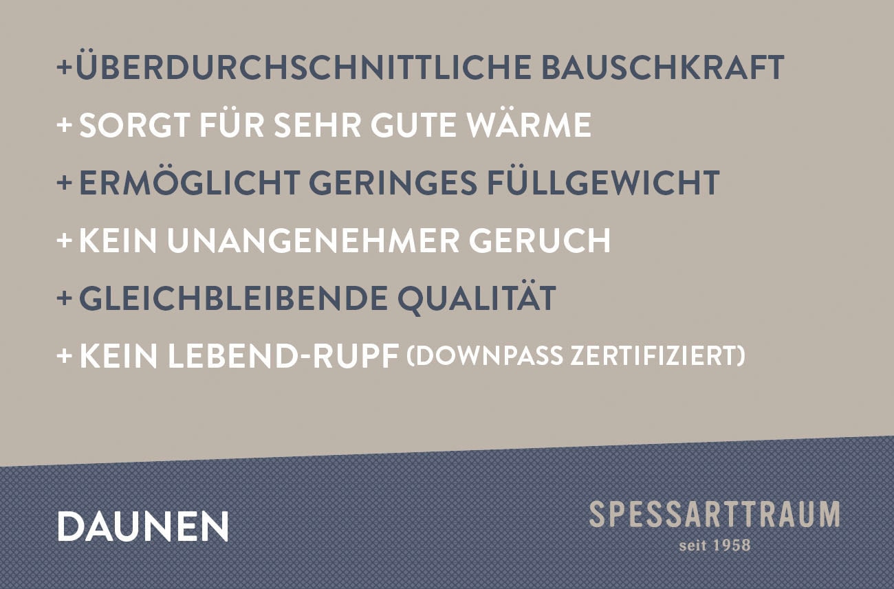 SPESSARTTRAUM Daunenbettdecke »First Class«, extraleicht, Füllung 90% Daunen / 10% Federn, Klasse 1, Downpass zertifiziert, Bezug 100% Baumwolle, nachhaltig (Made in Green), Hausstauballergiker geeignet, (1 St.), 5 Wärmeklassen & 6 Größen, Bestseller