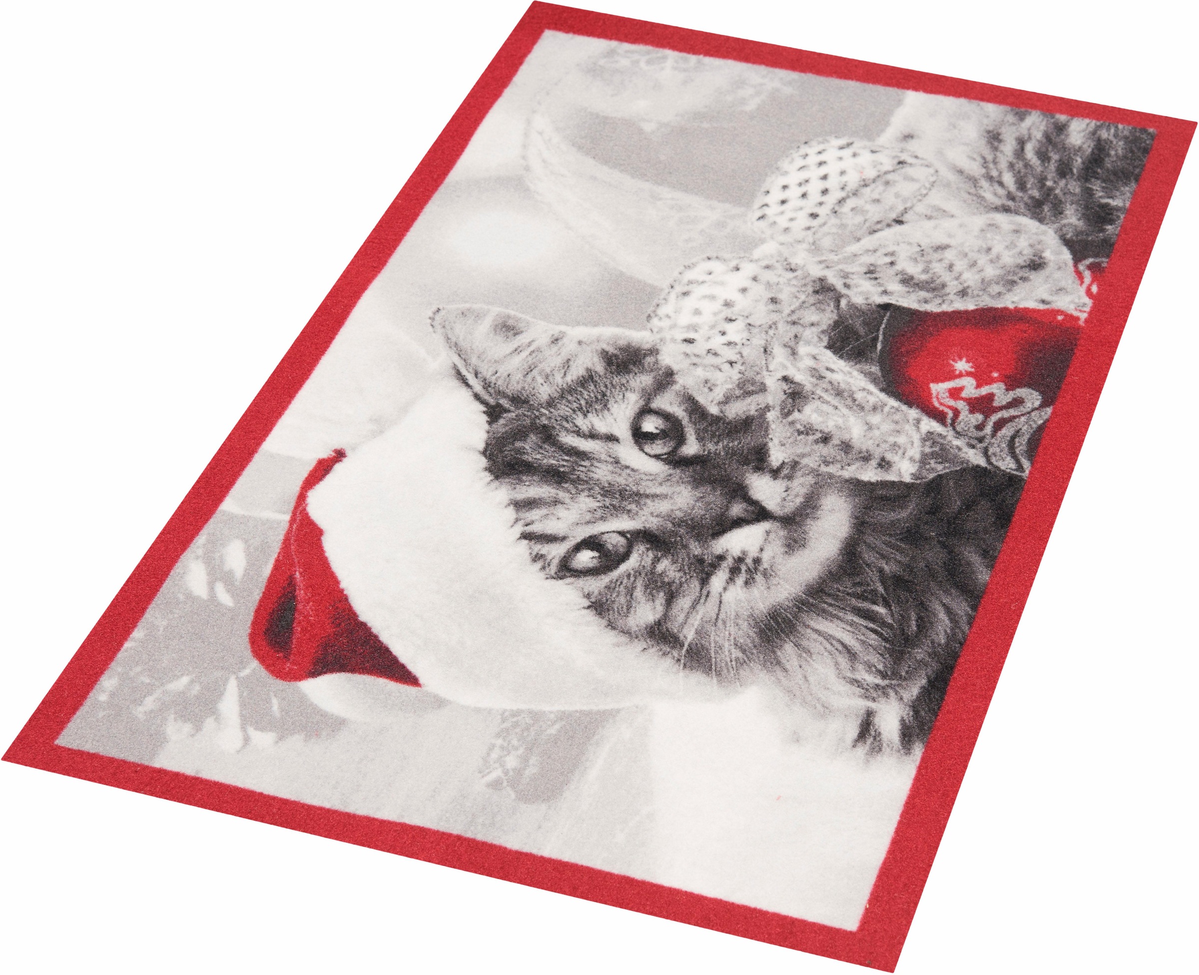 HANSE Home Fußmatte »Christmas Cat, Türmatte«, rechteckig, 7 mm Höhe, Tier Motiv, Pflegeleicht, Rutschfest, Weihnachten, Waschbar