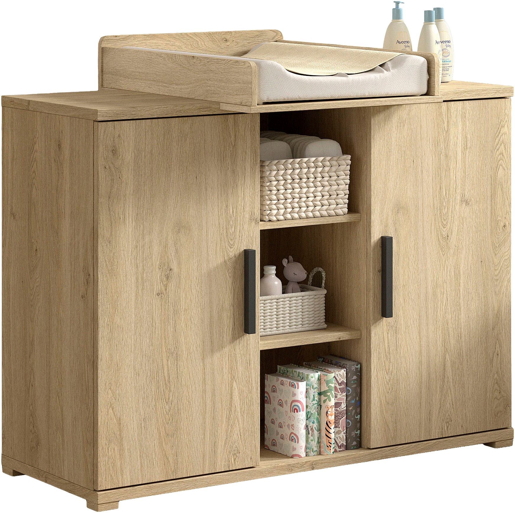 Vipack Wickelkommode »SAM mit 2 Drehtüren u. offenen Fächern (Soft-Close) und viel Stauraum« bis 15 kg pflegeleichte Eiche Dekor Oberfläche 115,5 cm
