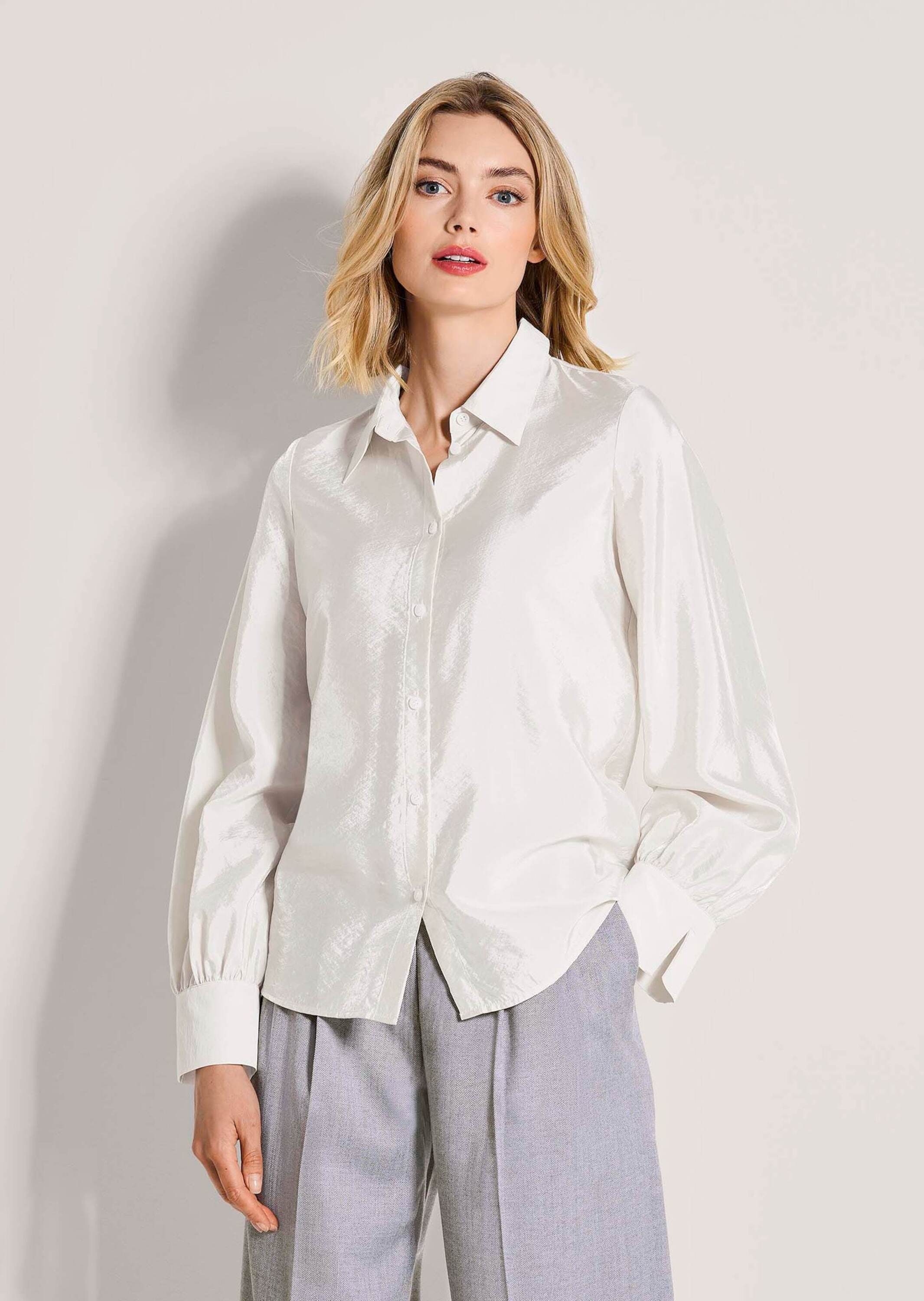 MADELEINE Langarmbluse »Hemdbluse Glanzbluse mit Hemdkragen« Bluse mit Kräuslung am Ärmelsaum