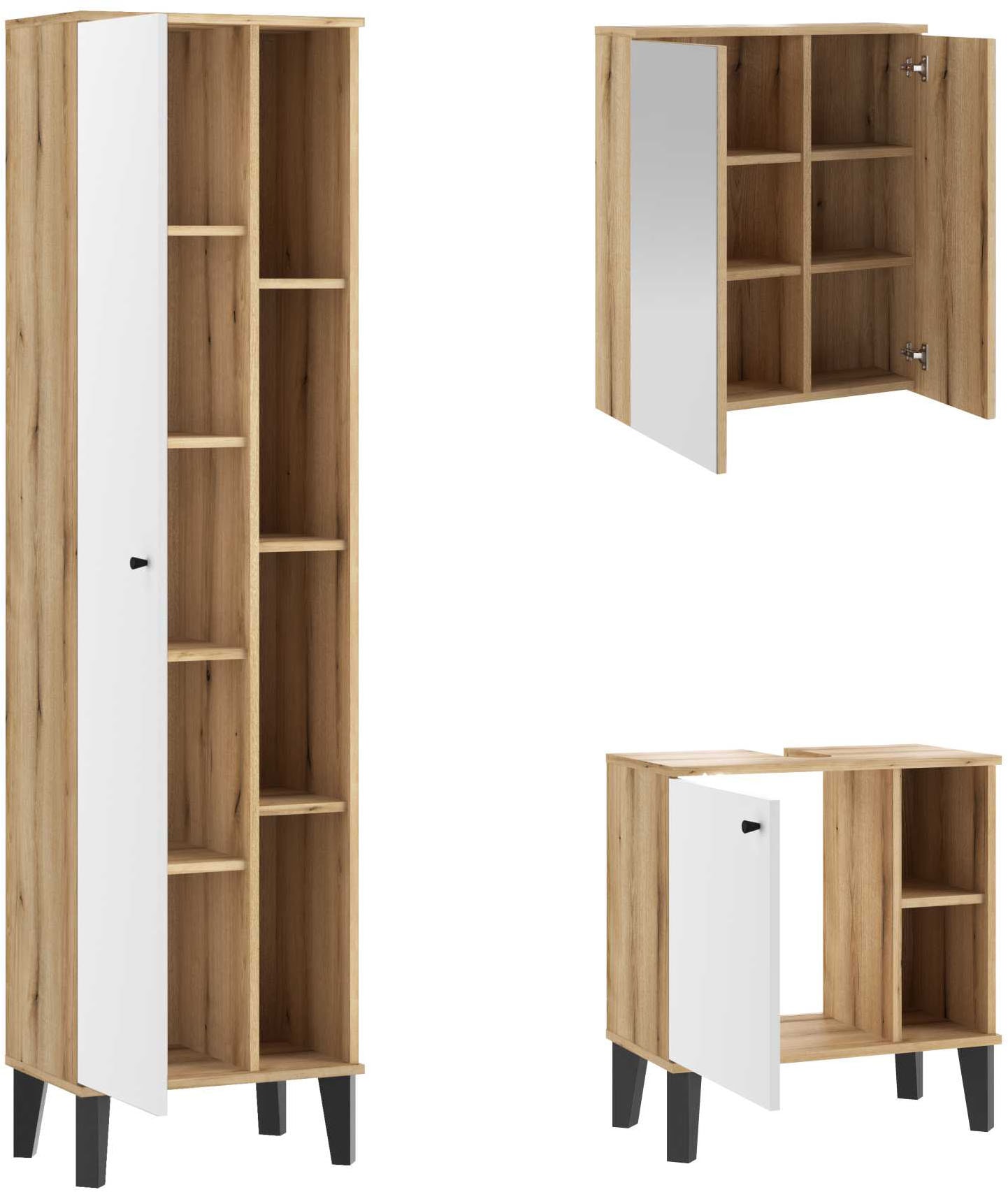 INOSIGN Badmöbel-Set »OSLO, Bad im skandinavischen Design, 3-teiliges Badezimmer«, (Set, 3 St.), Badschränke und Spiegel, in zwei Farben verfügbar, viel Stauraum