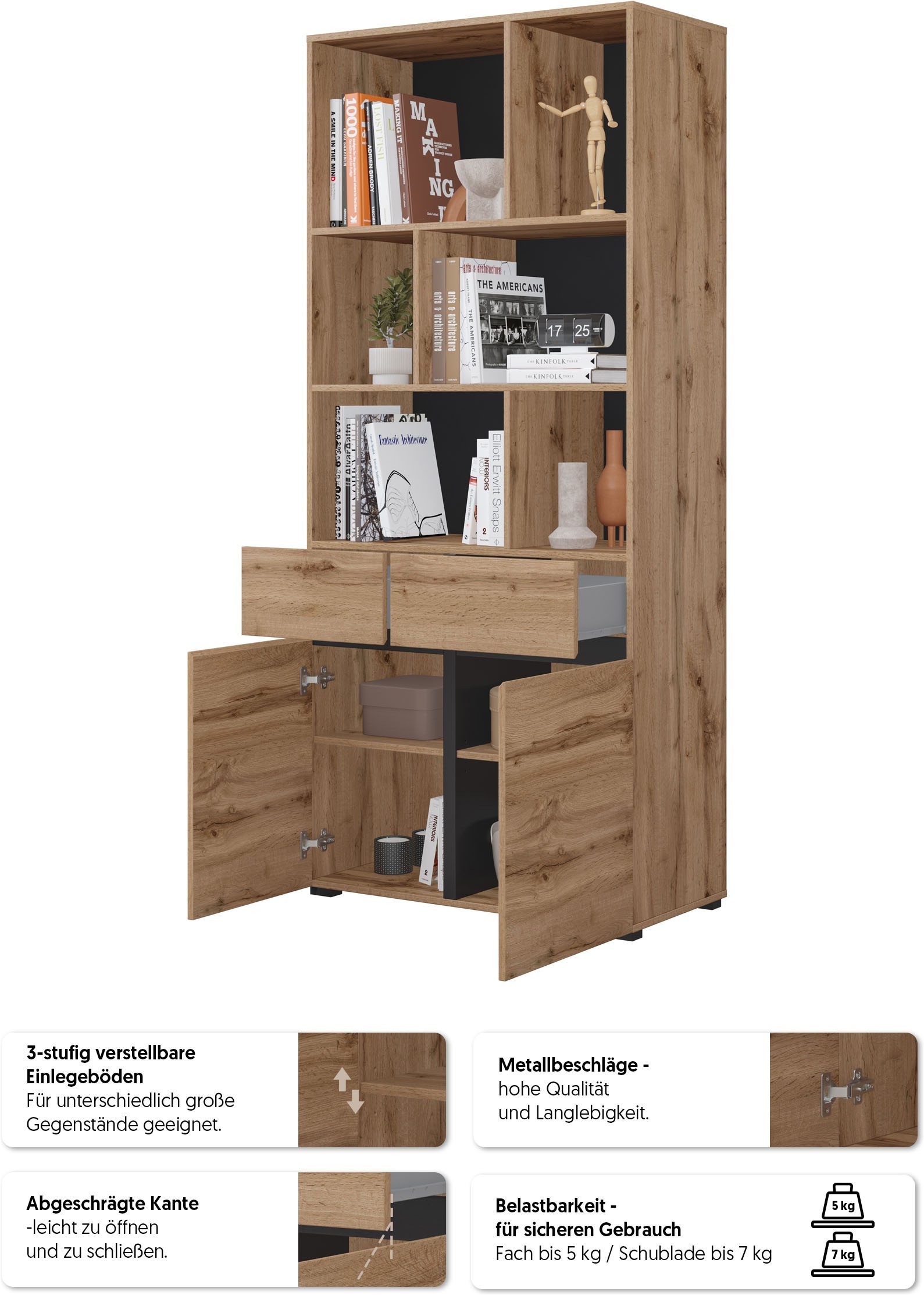 OTTO home Aktenschrank »Cross, Breite 85 cm, modernem grifflose Standregal, Bücherregal« Standregal mit 6 offene Fächern, 2 Schubladen und 2 Türen, Büroregal