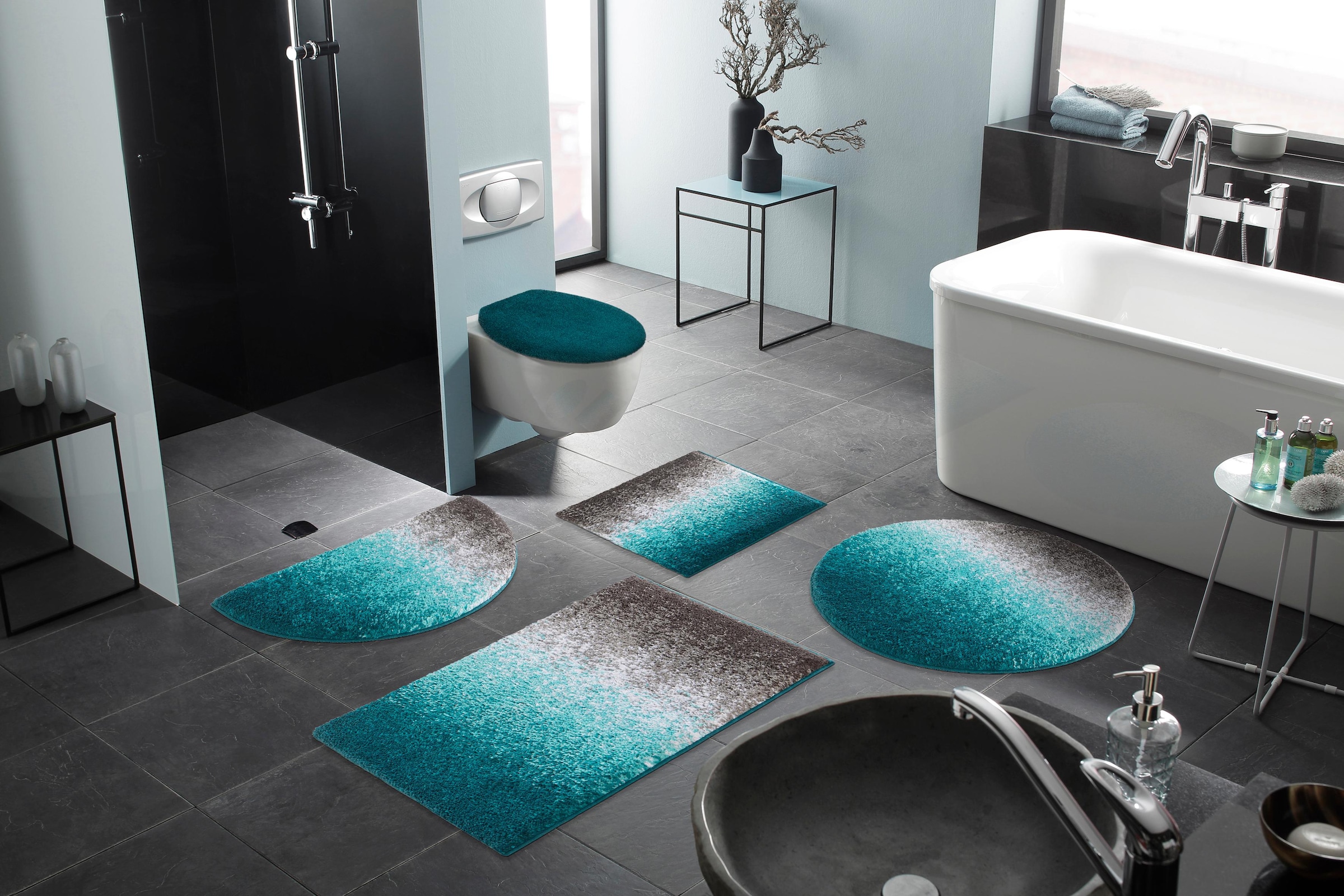 my home Badematte »Elif, Badvorleger, Badezimmer Teppich«, rutschhemmend beschichtet, fußbodenheizungsgeeignet-schnell trocknend-strapazierfähig, Ombré-Look, Badteppich, Badematten auch als 3 teiliges Set erhältlich