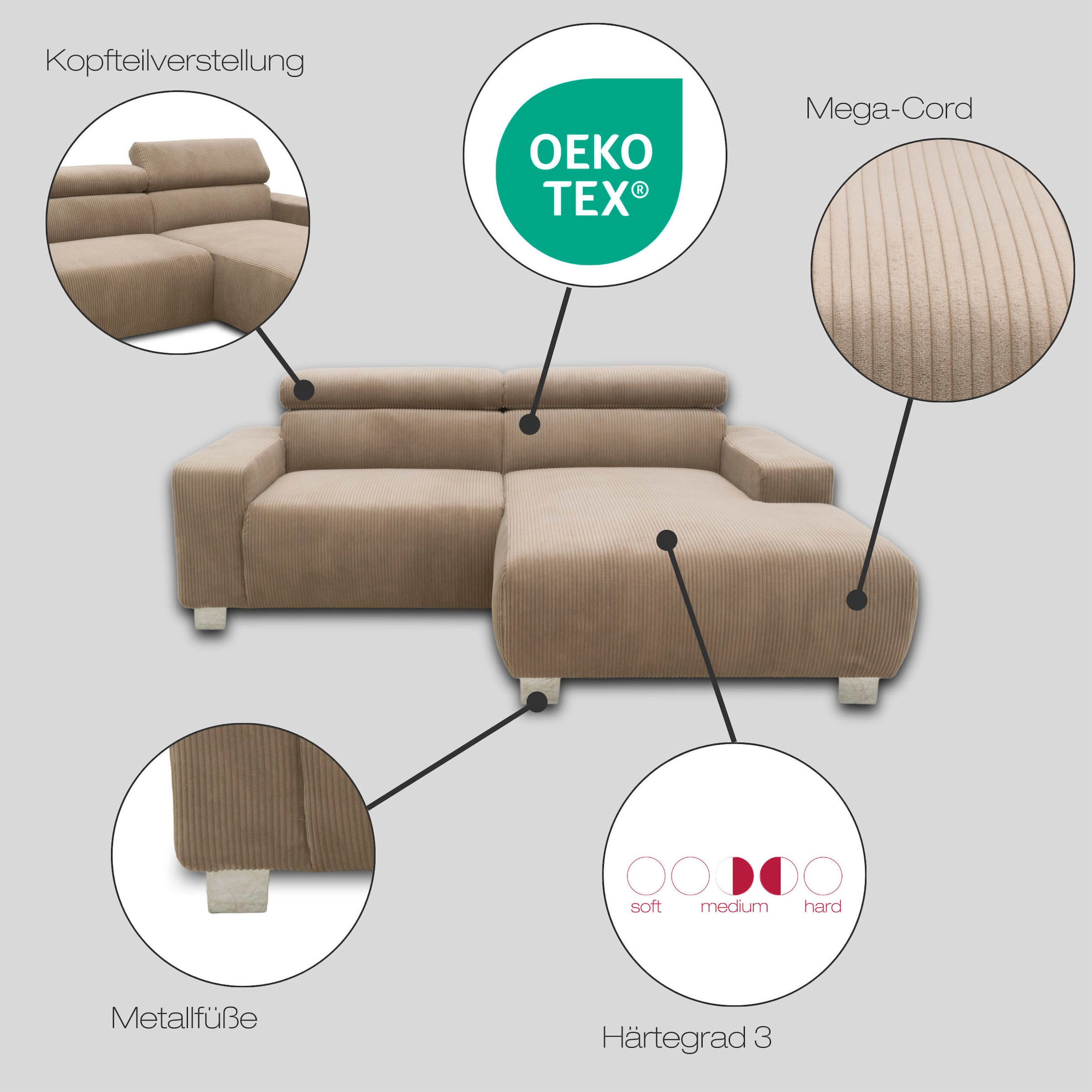 DOMO collection Ecksofa »100030 inkl. Kopfteilverstellung, guter Sitzkomfort, Cordbezug, L-Form« mit komfortabler Wellenunterfederung, ideal für kleine Räume