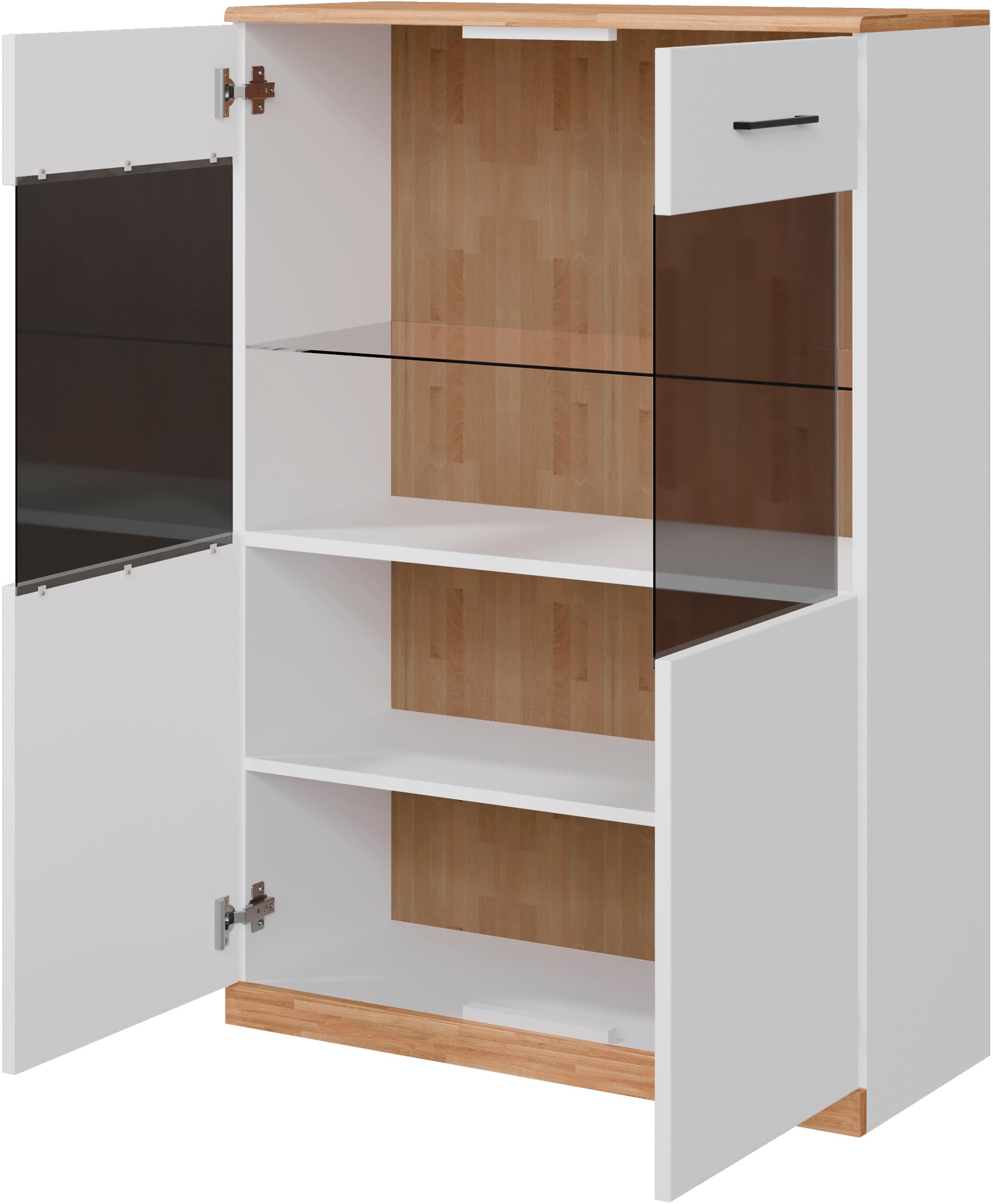Home affaire Stauraumvitrine »Ribe,125cm hoch,112cm breit,4 breite Fächer«, Oberplatte Eiche massiv,dunkles Glas, schwarze Metall Griffe