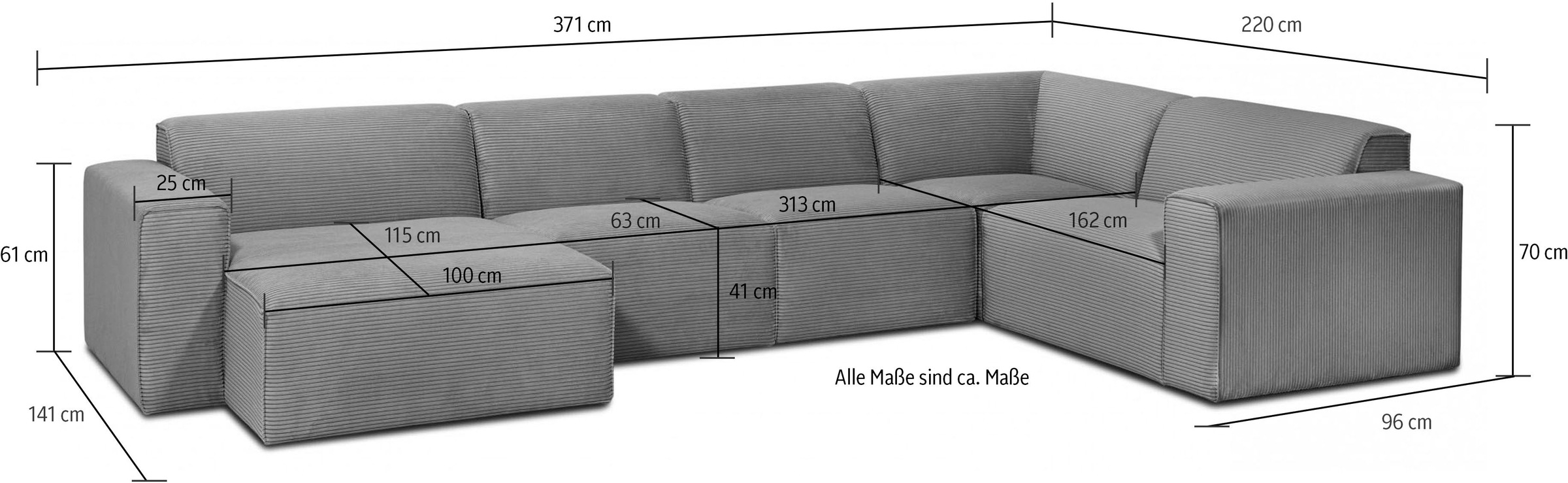 OTTO home Wohnlandschaft »Clayton Breite 371 cm, U-Form« in einem trendigen Cord-Bezug, verschiedene Kombinationen verfügbar