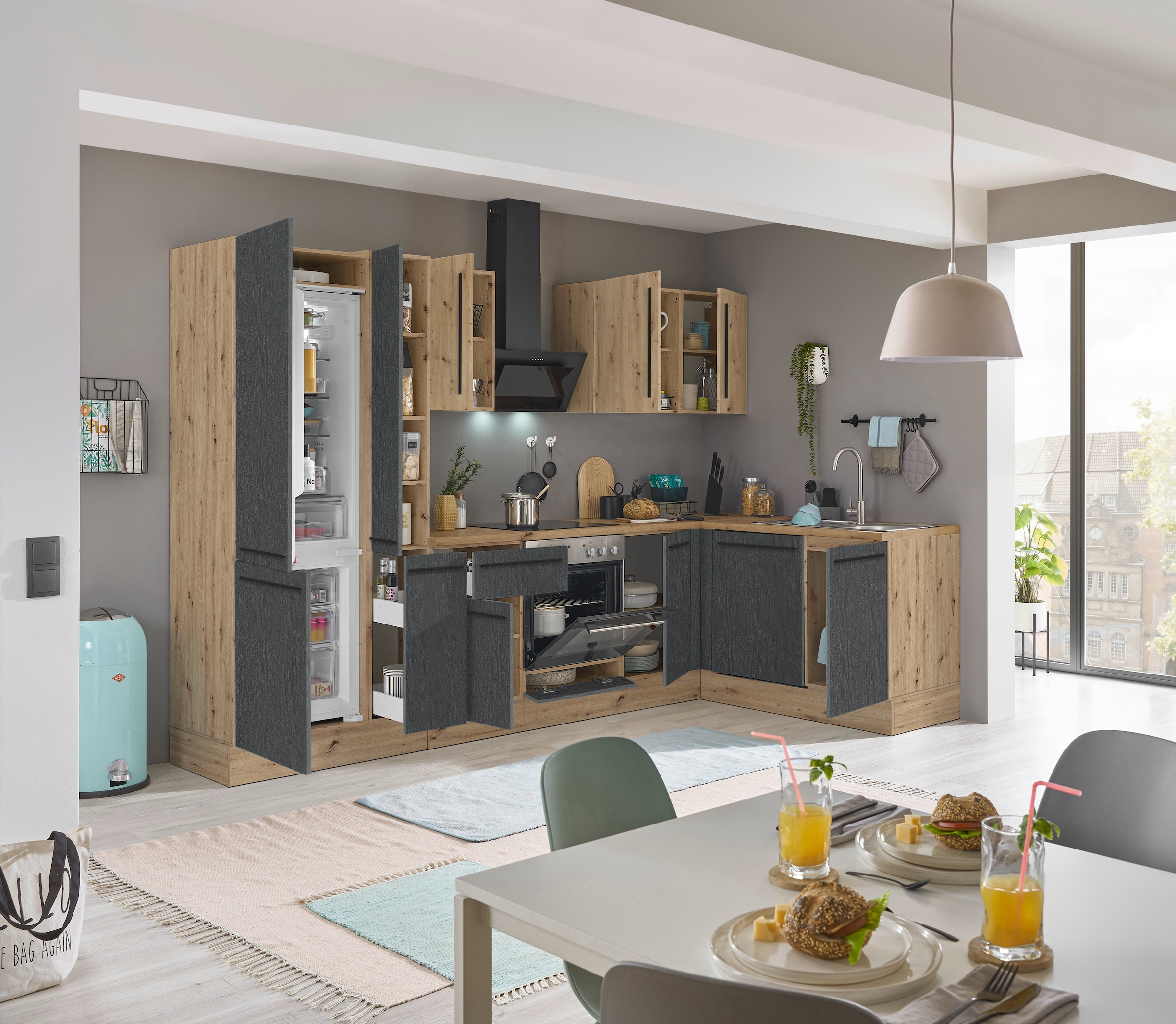 KOCHSTATION Winkelküche »Florida, Stellbreite 310x175 cm« wahlweise mit E-Geräten, mit Softclose für Türen und Schubkästen