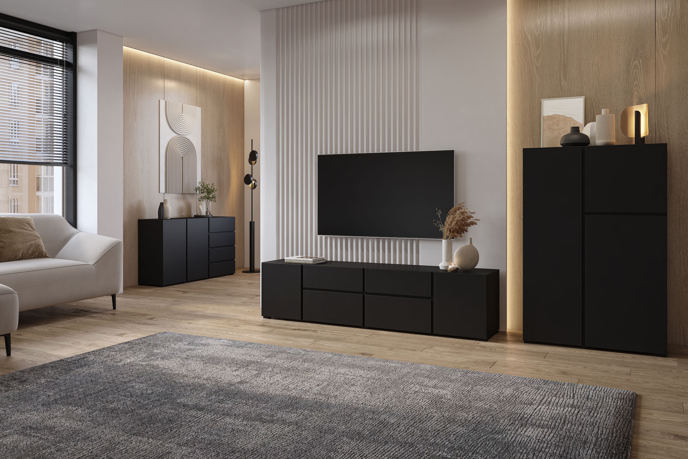 OTTO home Highboard »Metric,Breite 92cm, moderne grifflose Hochkommode 3 Türen,Highboard« Hochschrank mit viel Stauraum, Einlegeböden verstellbar, Türkommode