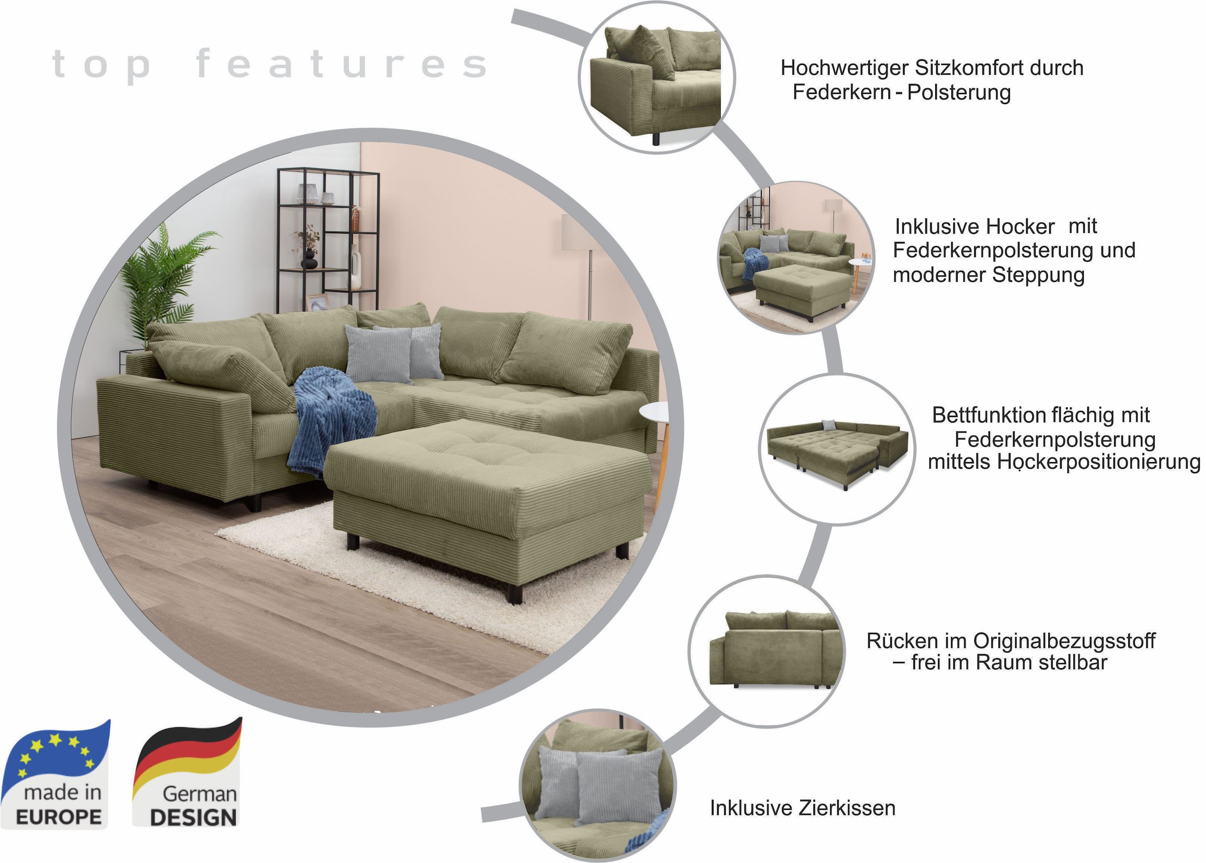 Home affaire Ecksofa Toni L-Form, inklusive Hocker und Rückenkissen