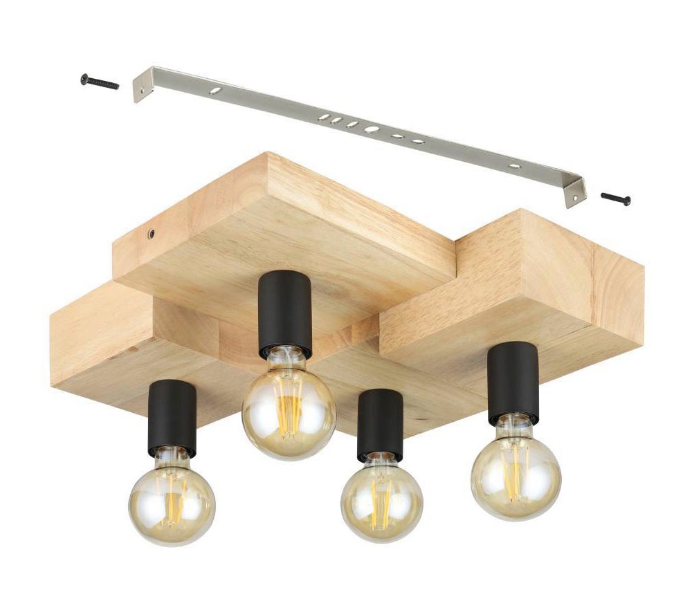 EGLO Deckenleuchte »HALKIN«, 4 flammig, Leuchtmittel E27 | ohne Leuchtmittel, Deckenlampe, FSC100HB, Holz in Natur und Metall in Schwarz, E27
