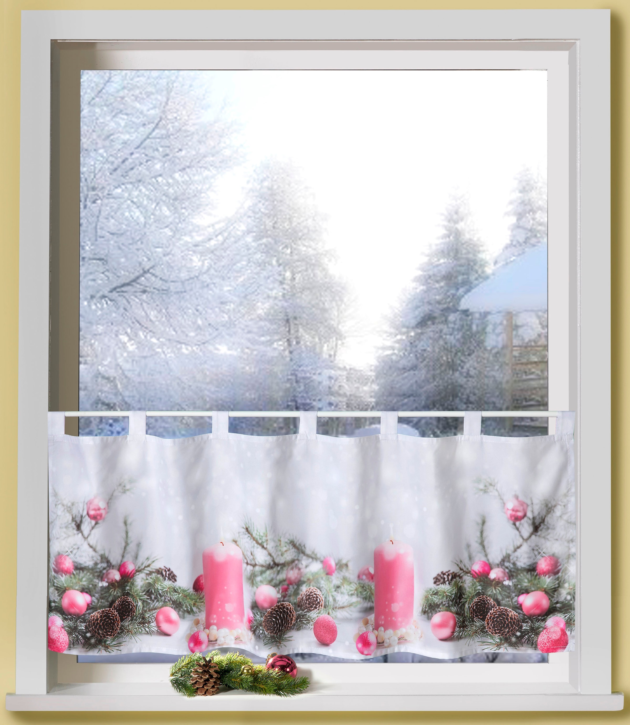 Weckbrodt Scheibengardine »Rosa Kerzen«, (1 St.), Bistro, Microsatin, Weihnachten, HxB 45x120cm, Gardine, Store
