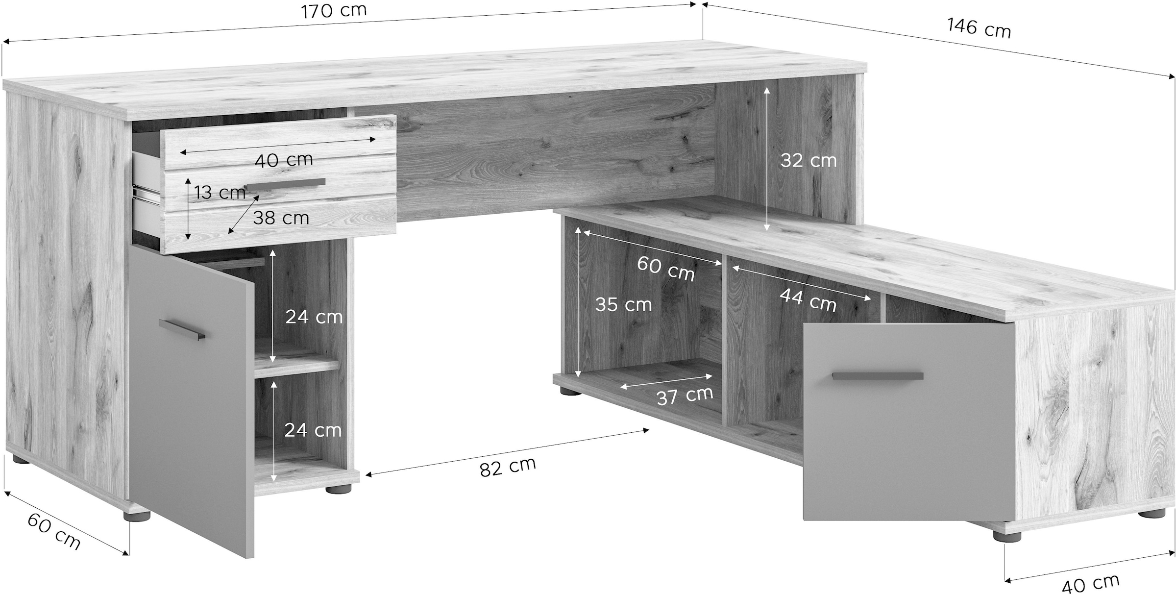 INOSIGN Eckschreibtisch »Riga, Breite 170cm, in Nox Oak Nachbildung und Basalt grau«, Bürotisch, Schreibtisch, Ecktisch, Arbeitszimmer, Computertisch