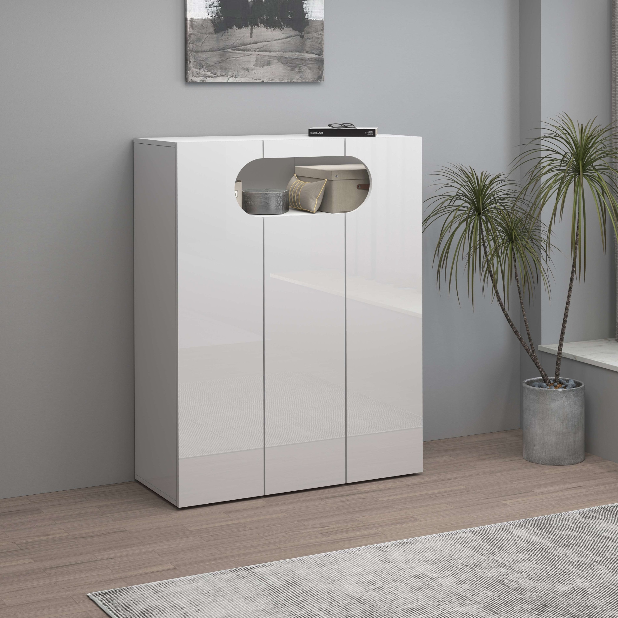 INOSIGN Schuhschrank »Real,Schuhschrank,Schuhkommode,Schuhregal,Breite 90 cm«, komplett Hochglanz lackiert, 3 Türen mit offenem Fach in ovaler Form