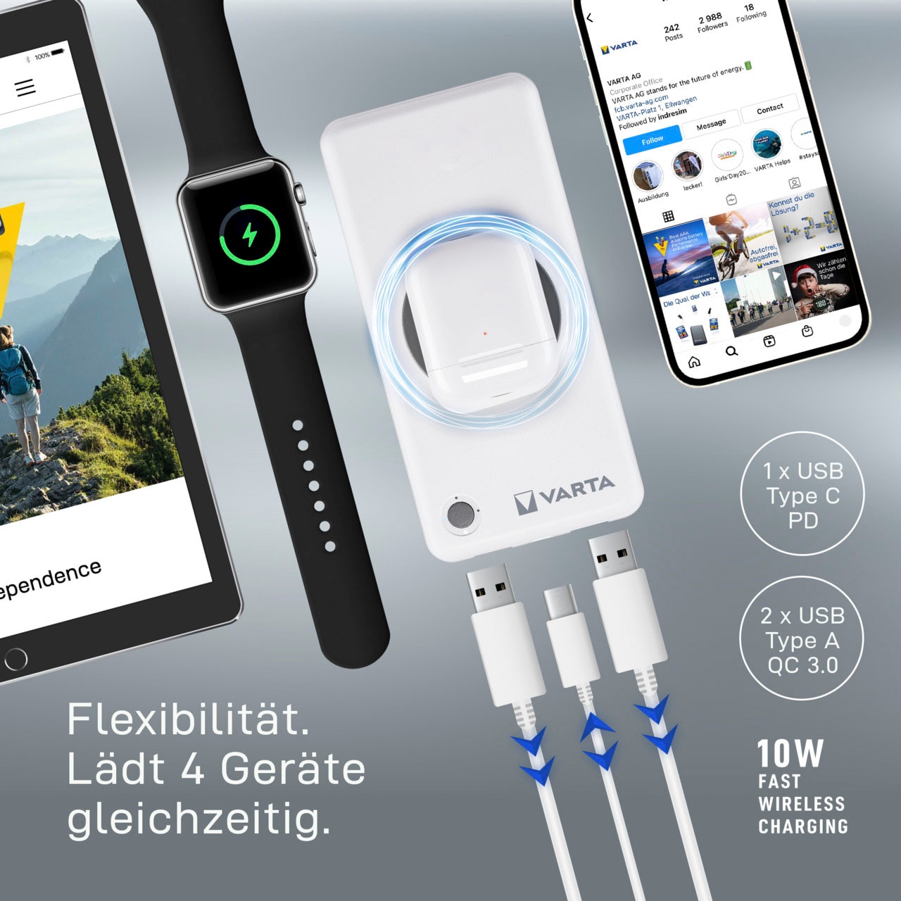 VARTA Powerbank »VARTA Wireless Power Bank 10000 mAh mit Ladekabel«