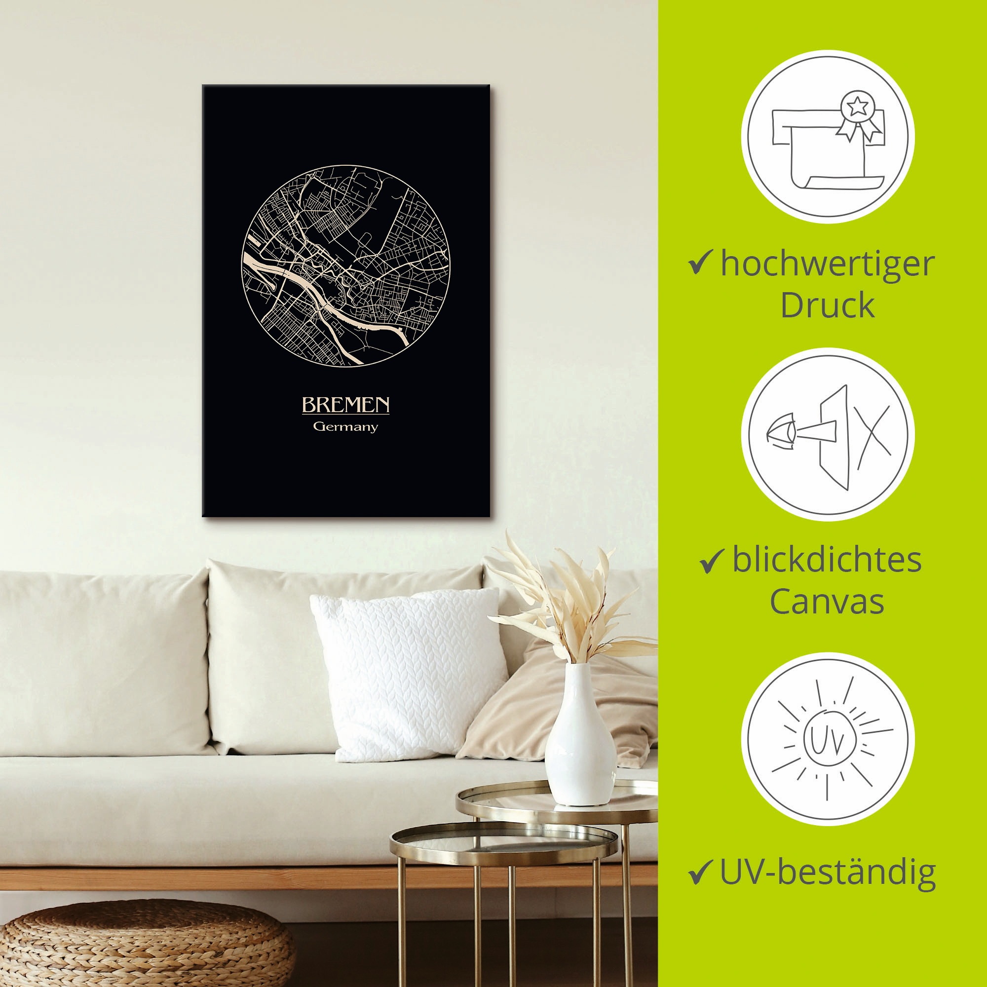 Artland Wandbild »Retro Karte Bremen Deutschland Kreis«, Deutschland, (1 St.), als Leinwandbild, Poster in verschied. Größen