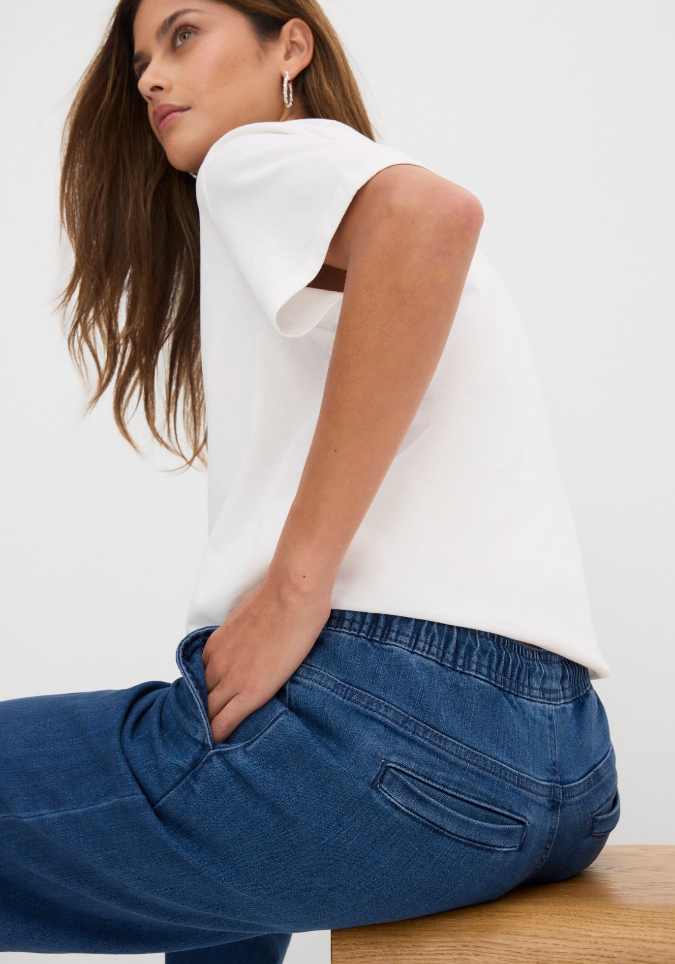 bonprix Weite Jeans »Wide Leg Jeans Mid Waist, Stretch« Loose Fit Passform, mit elastischem Bund und Tunnelzug