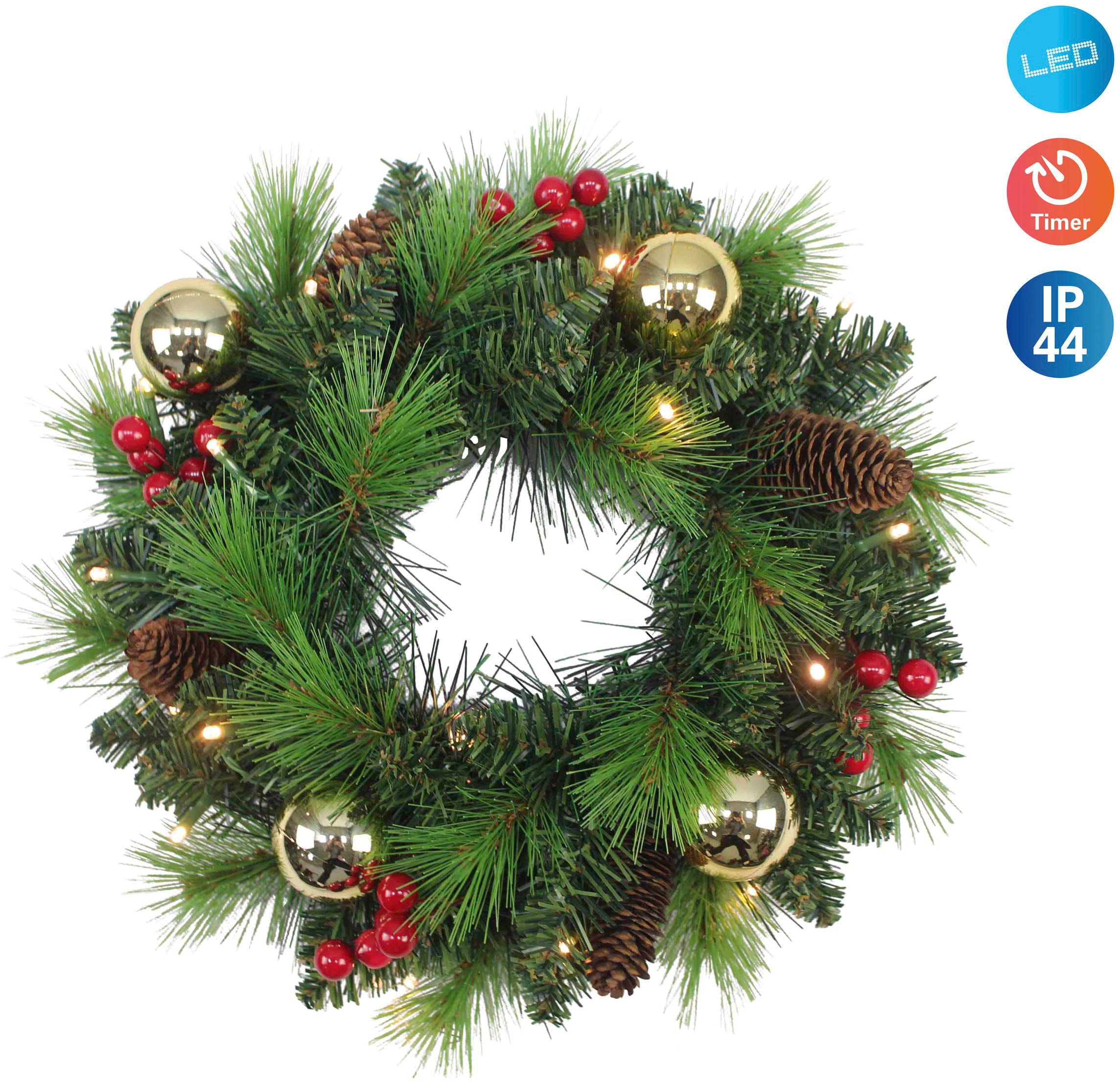 näve LED Dekoobjekt »Dekokranz Noel, Weihnachtsdeko, Türkranz mit Kugeln, Zapfen und Beeren«, LED-Weihnachtskranz mit Timer, Ø ca. 35 cm