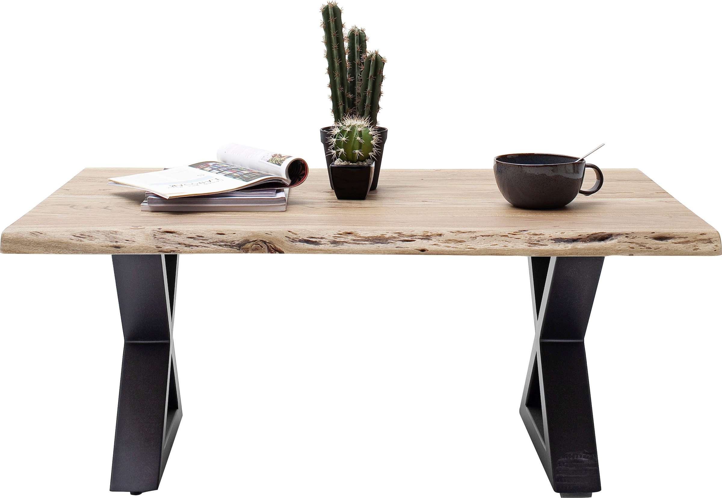 MCA furniture Baumkantentisch, Couchtisch Massivholz mit Baumkante, Rissen und löchern