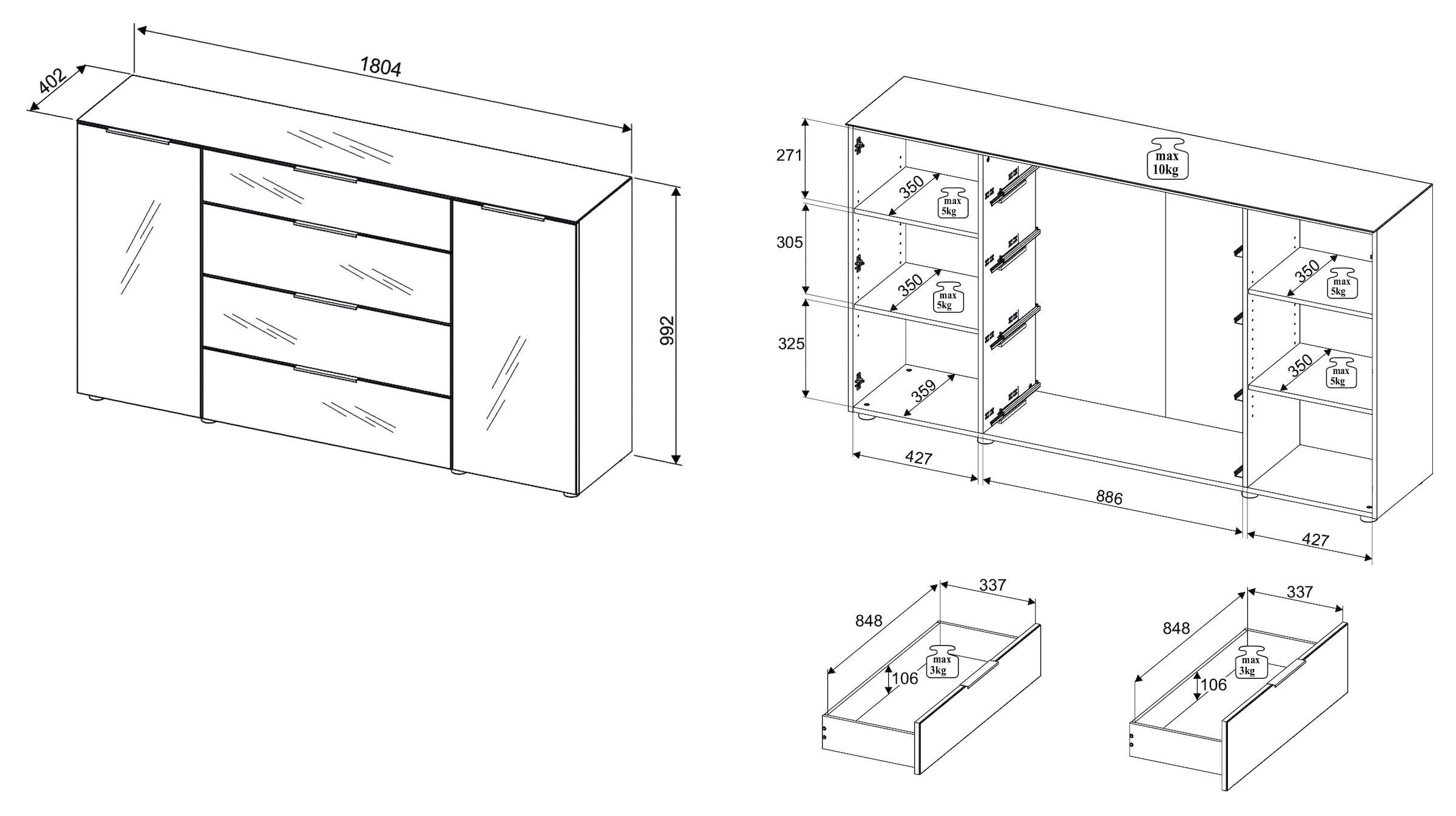 HBZ Kommode »Santorin, BxHxT 180x99x40 cm«, (1 St.), Breite 180cm, Softclose für Türen und Schubkästen, Melaminbeschichtung